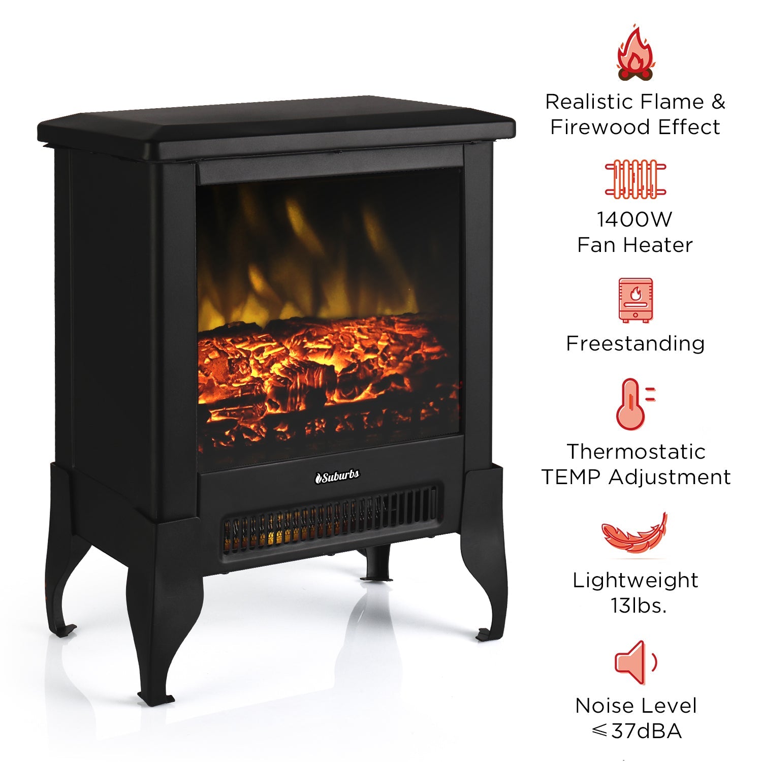 Black electric fireplace stove with flame window and bottom control panel, freestanding