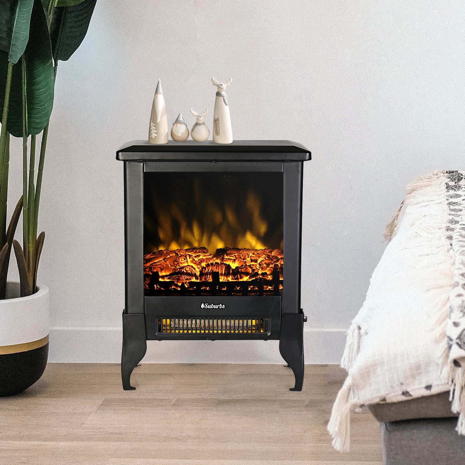 Black freestanding electric fireplace stove with flame effect window and front control strip