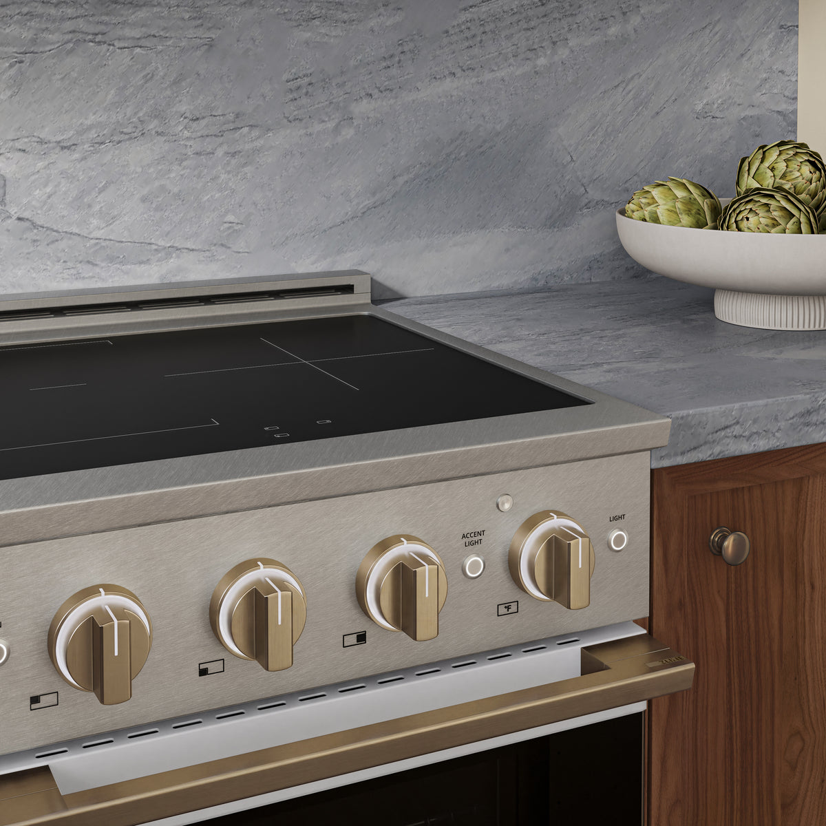 ZLINE Autograph 24-Inch Marino Induction Range in Satin Stainless Steel with White Matte and Champagne Bronze (MINRSZ-WM-24-CB) - kitchen lifestyle view