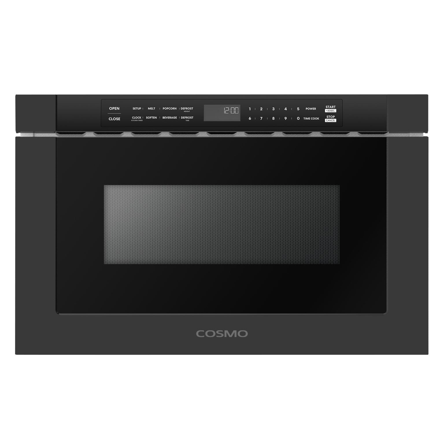 COSMO 24-inch built-in microwave drawer, black front with control panel and window