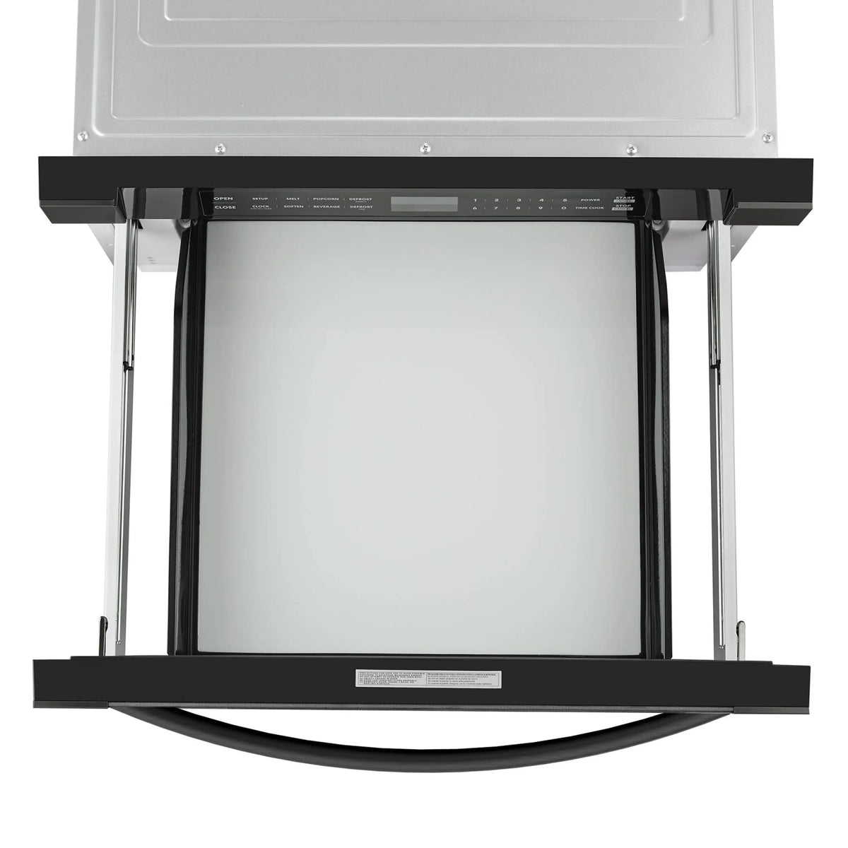 Built-in microwave drawer open frame with light interior panel and side rails