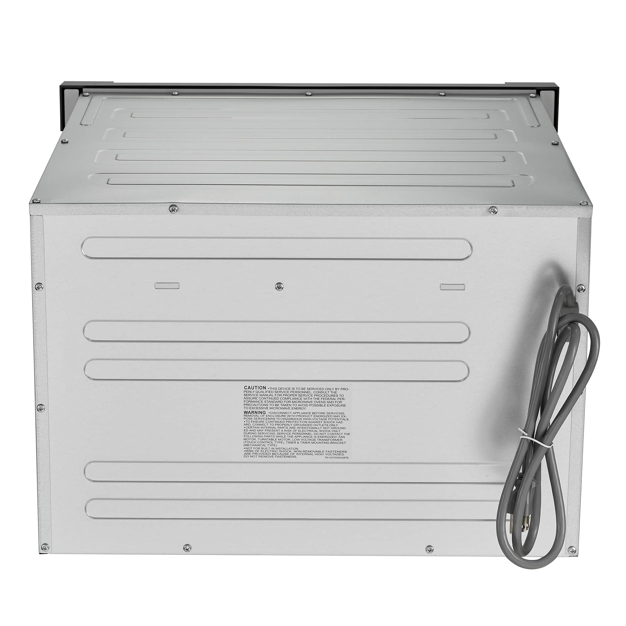 Stainless steel built-in microwave drawer with vented top and attached power cord