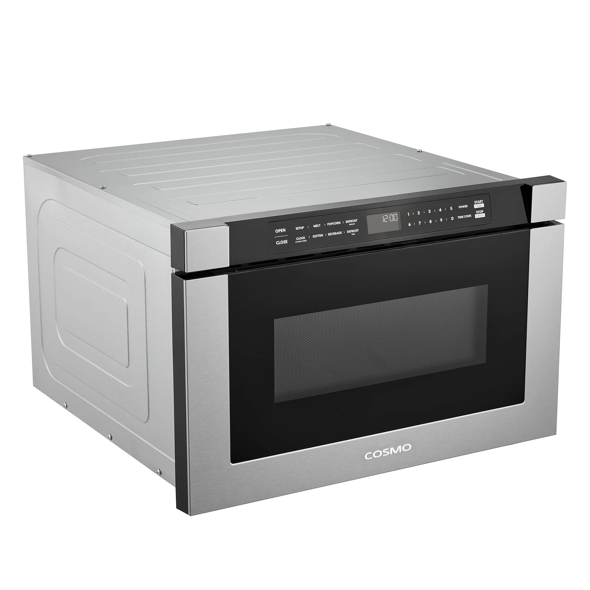 Stainless steel microwave drawer with black door window and top control panel