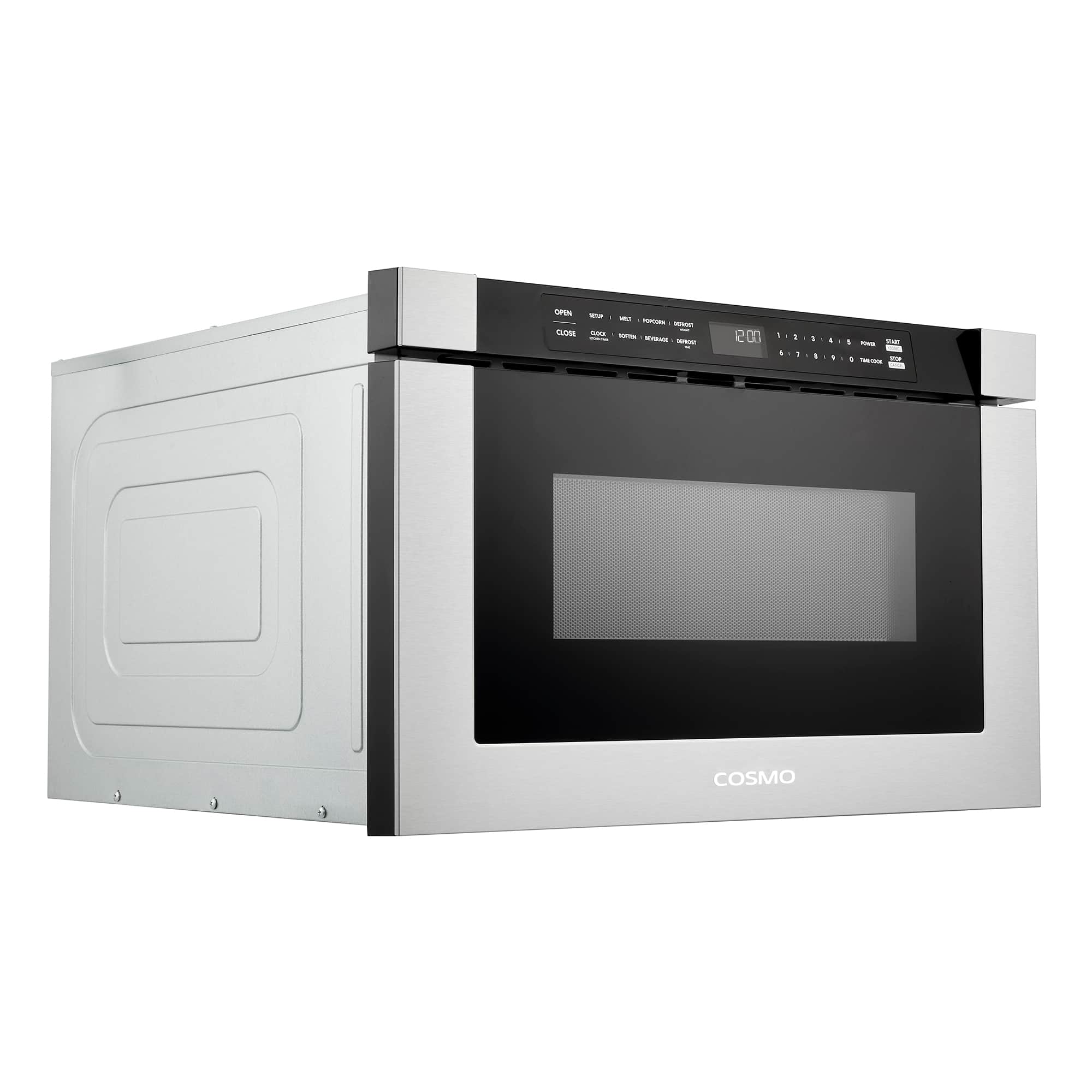 Stainless steel microwave drawer with black door window and illuminated control display