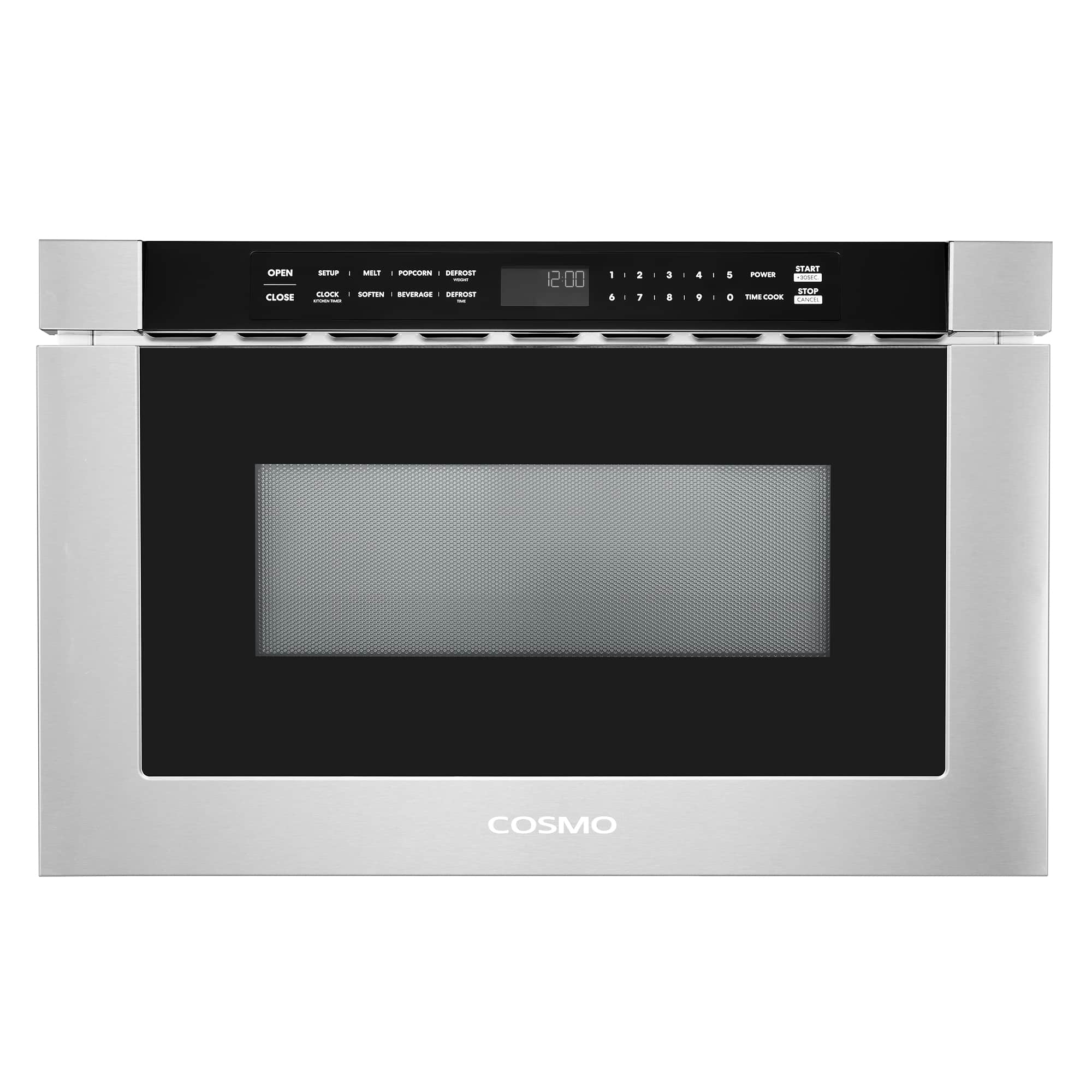 Microwave drawer with black bezel, dark window, and stainless steel front panel