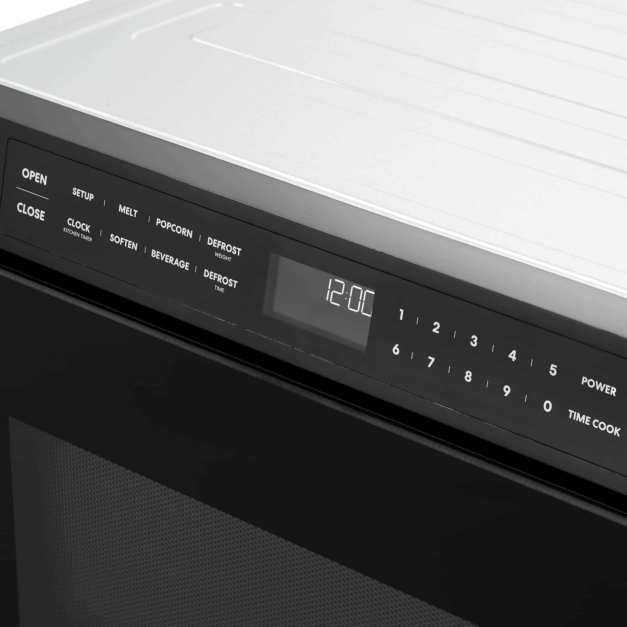 Microwave drawer control panel with 12:00 display and button labels