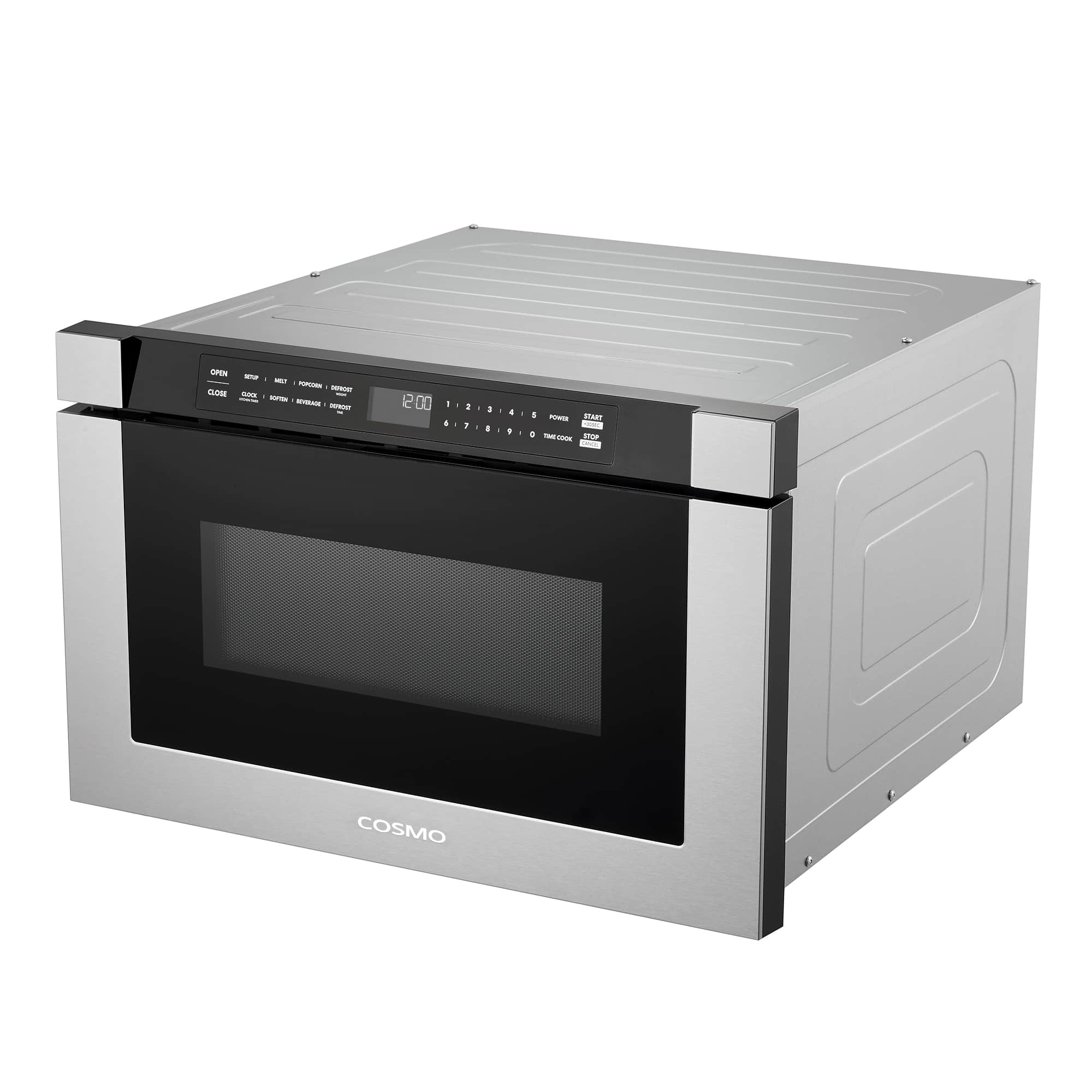 Stainless steel microwave drawer with black door window and top controls