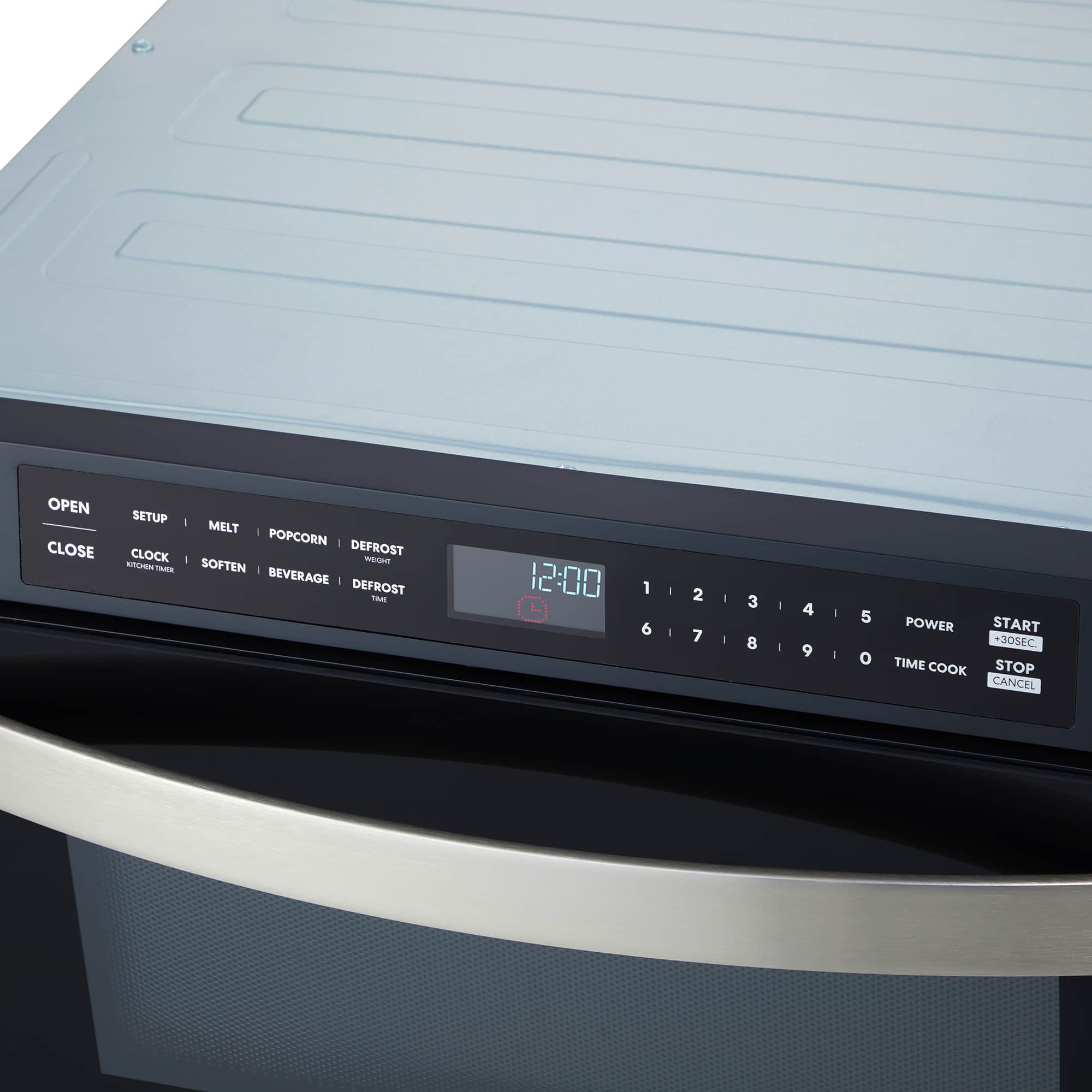 Stainless steel microwave drawer with black control panel and digital timer display