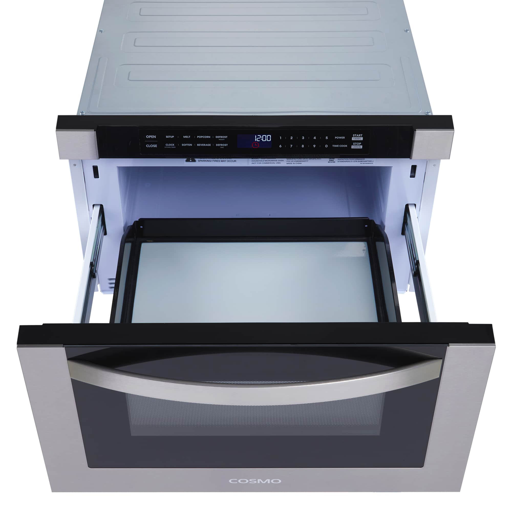Stainless steel microwave drawer with open interior and black front door frame