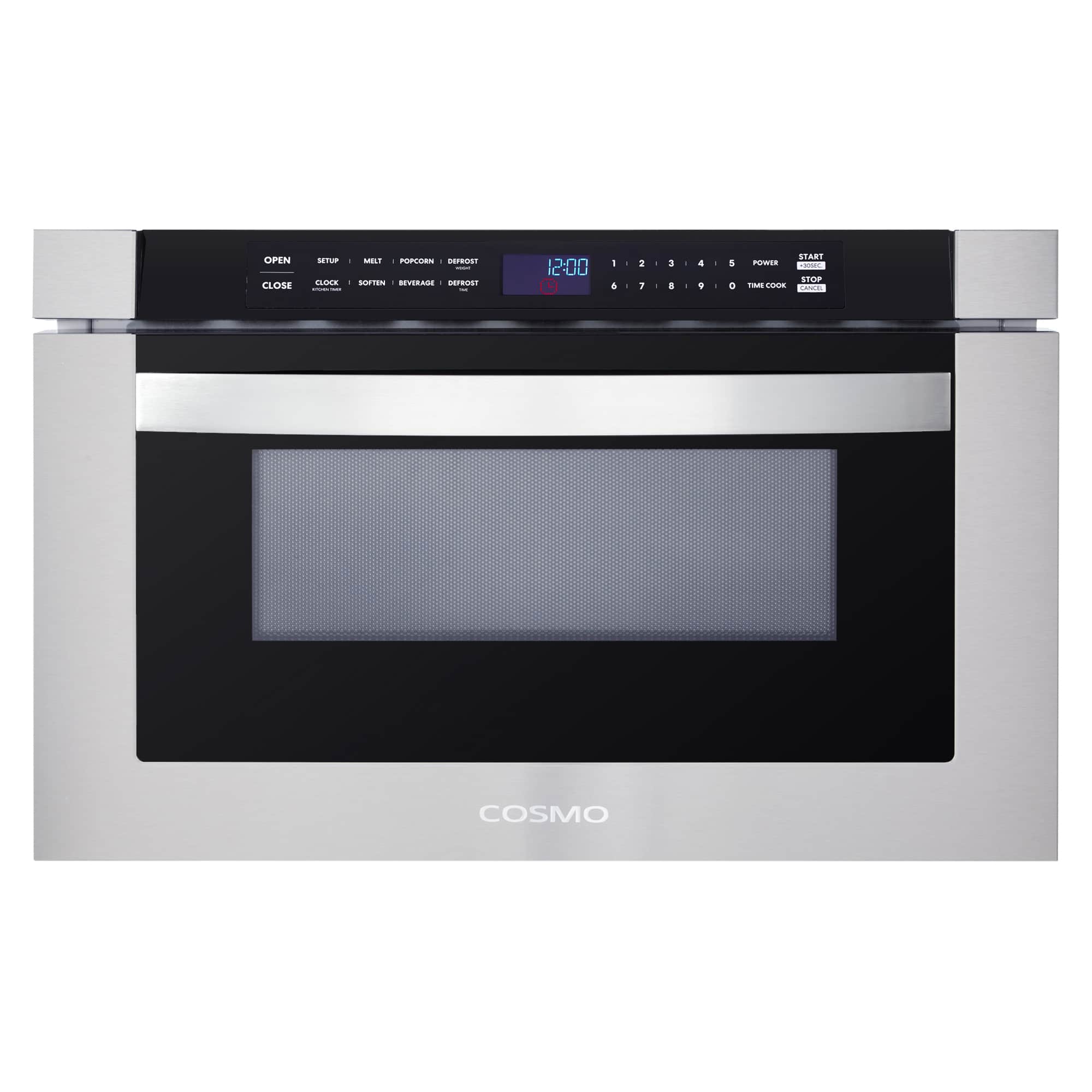Stainless steel microwave drawer with black control panel and dark viewing window