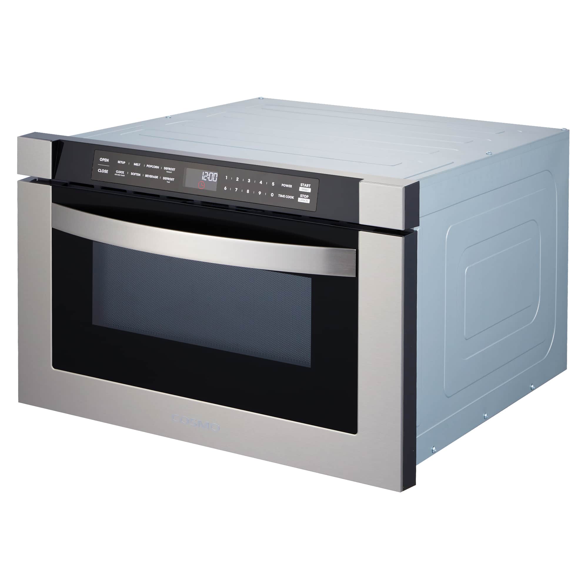 Stainless steel microwave drawer with black front panel and top control strip