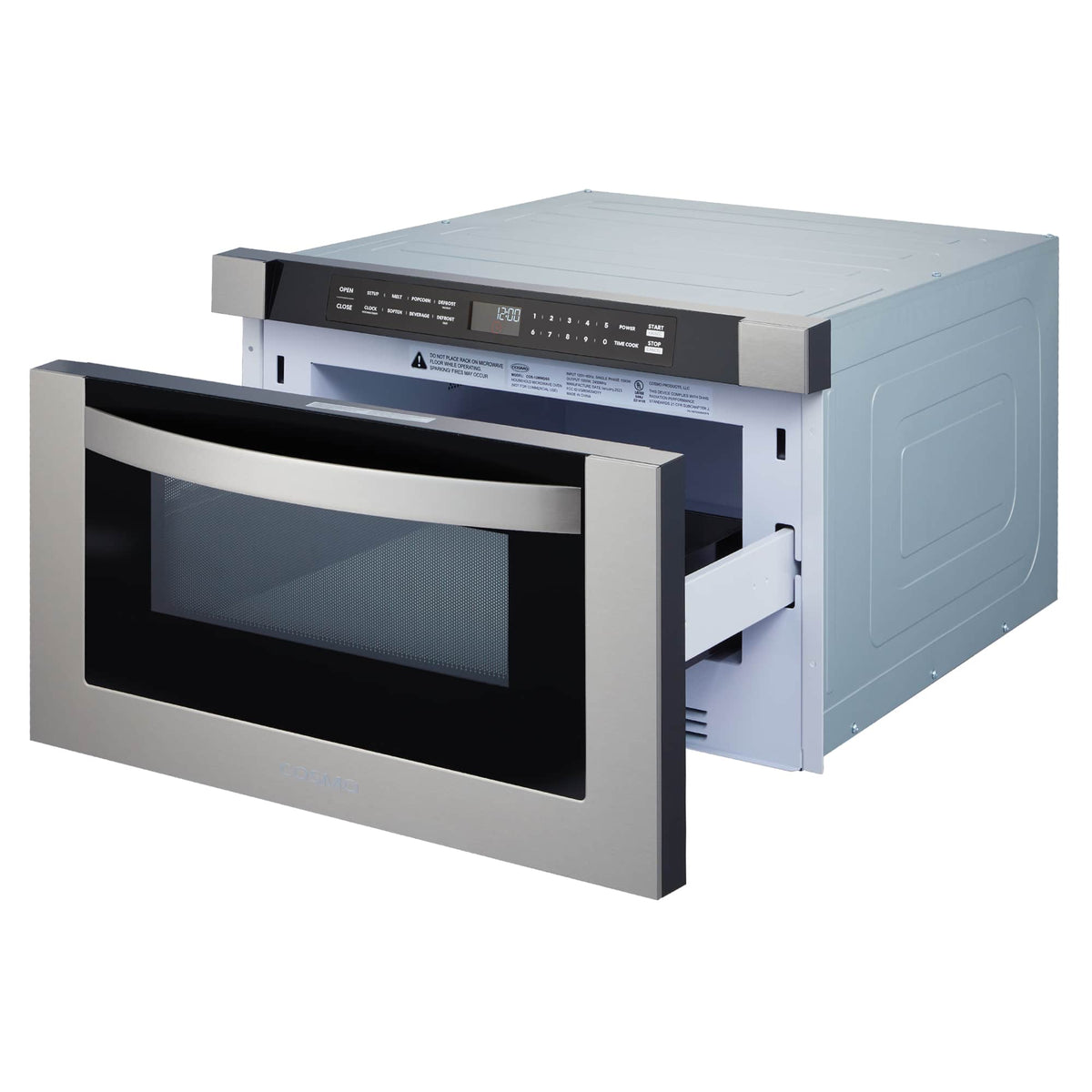 Stainless steel microwave drawer with side handle and black front panel