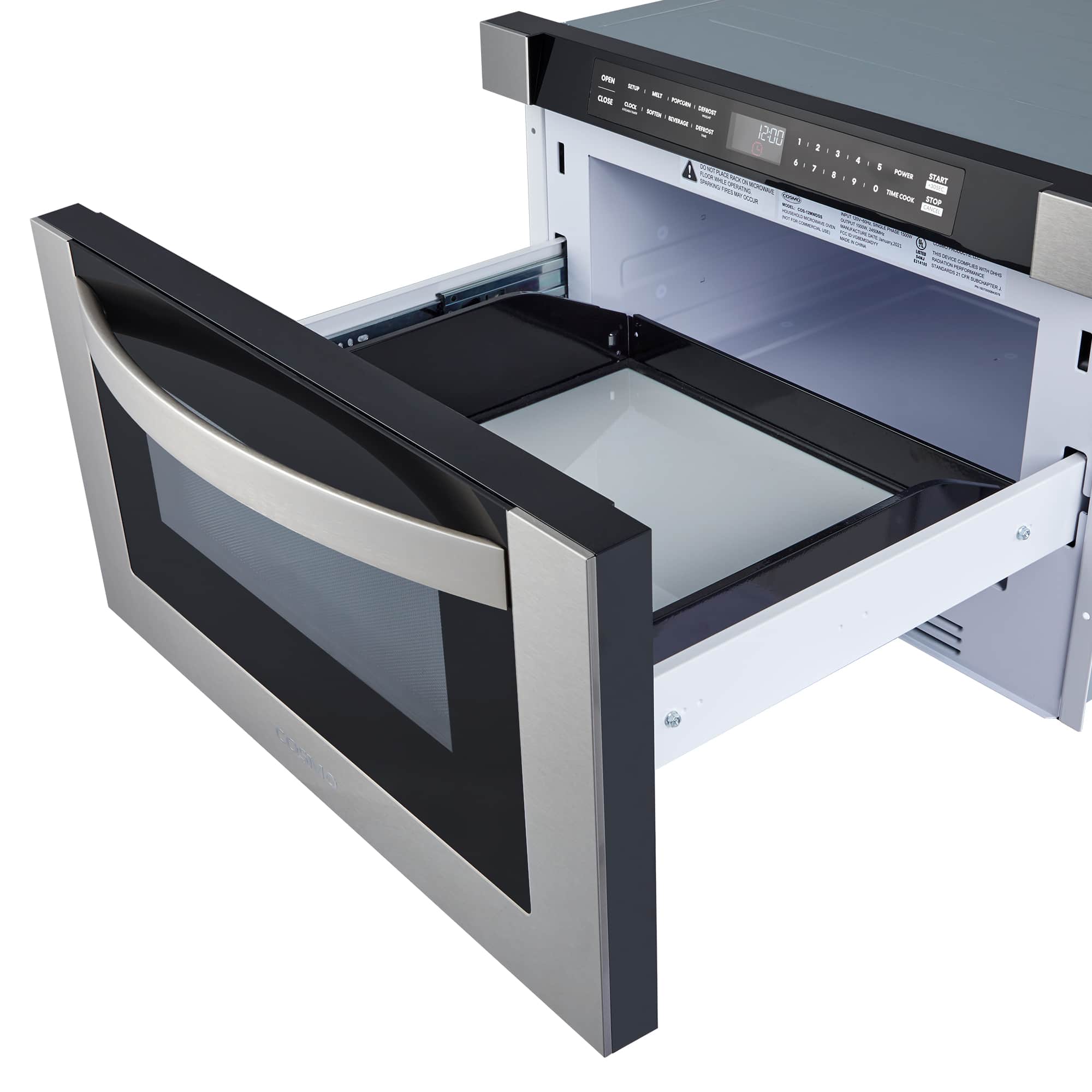 Stainless steel microwave drawer with open door showing black interior cavity base