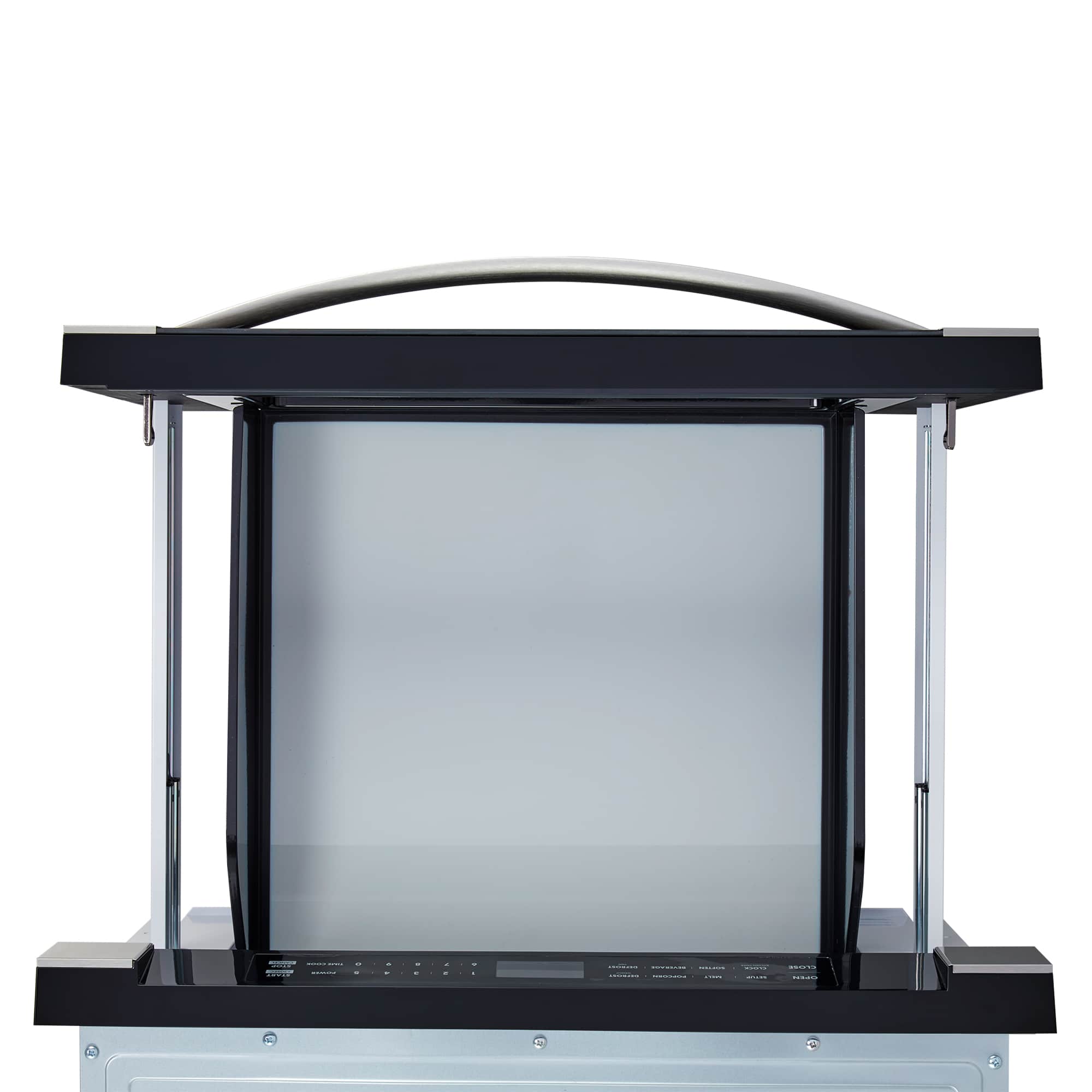Microwave drawer open interior with black door frame and empty cavity