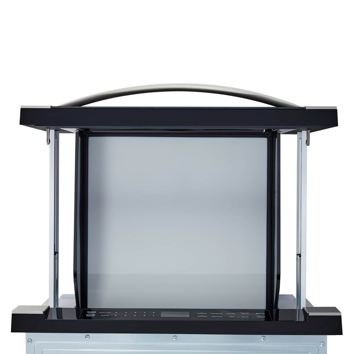 Stainless steel microwave drawer with open frame and visible glass cavity