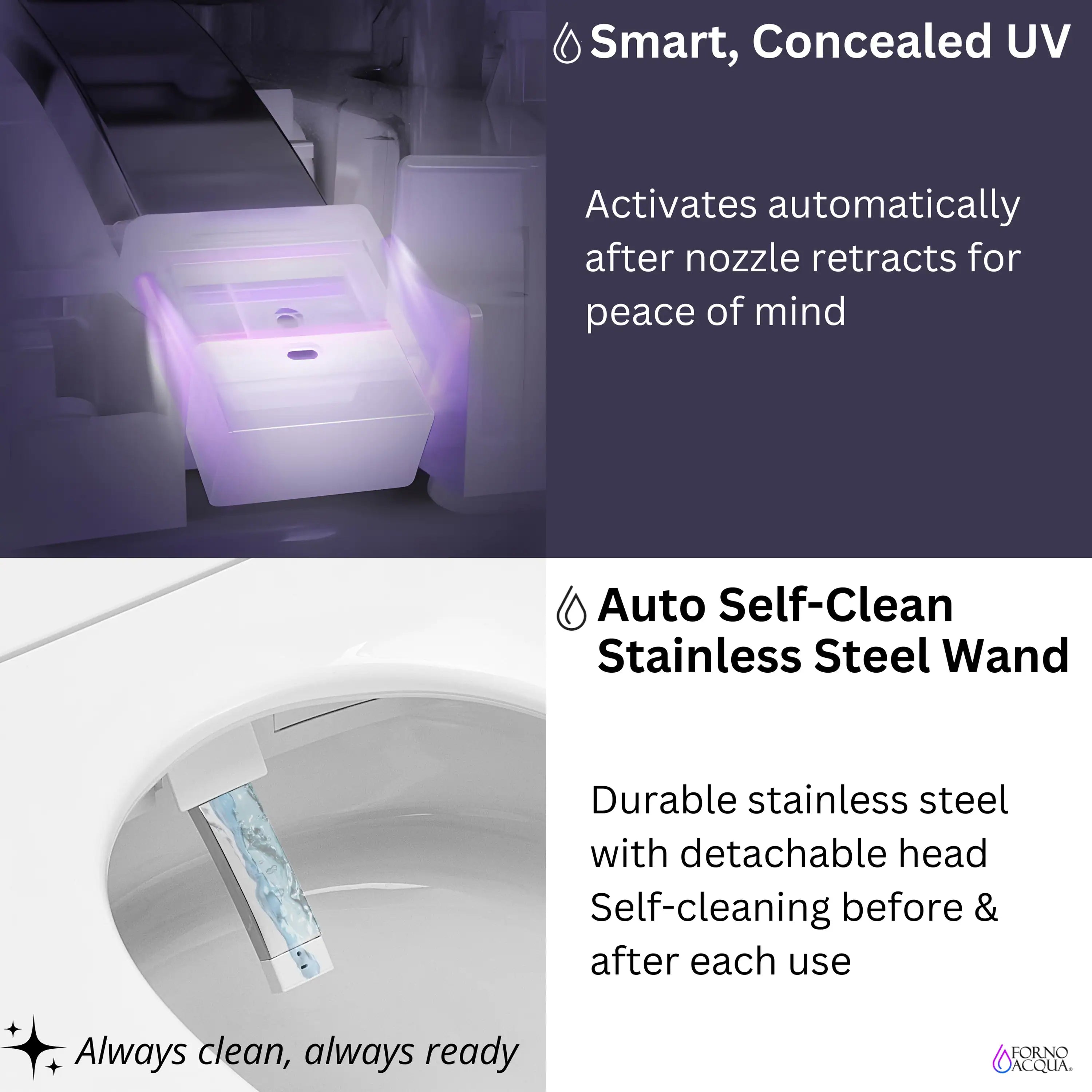 Smart toilet with UV self-cleaning wand and closed seat