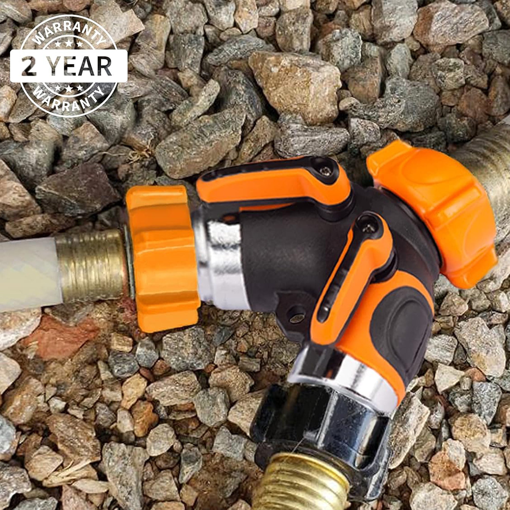 Metal hose splitter with orange lever handles and two brass threaded hose ends