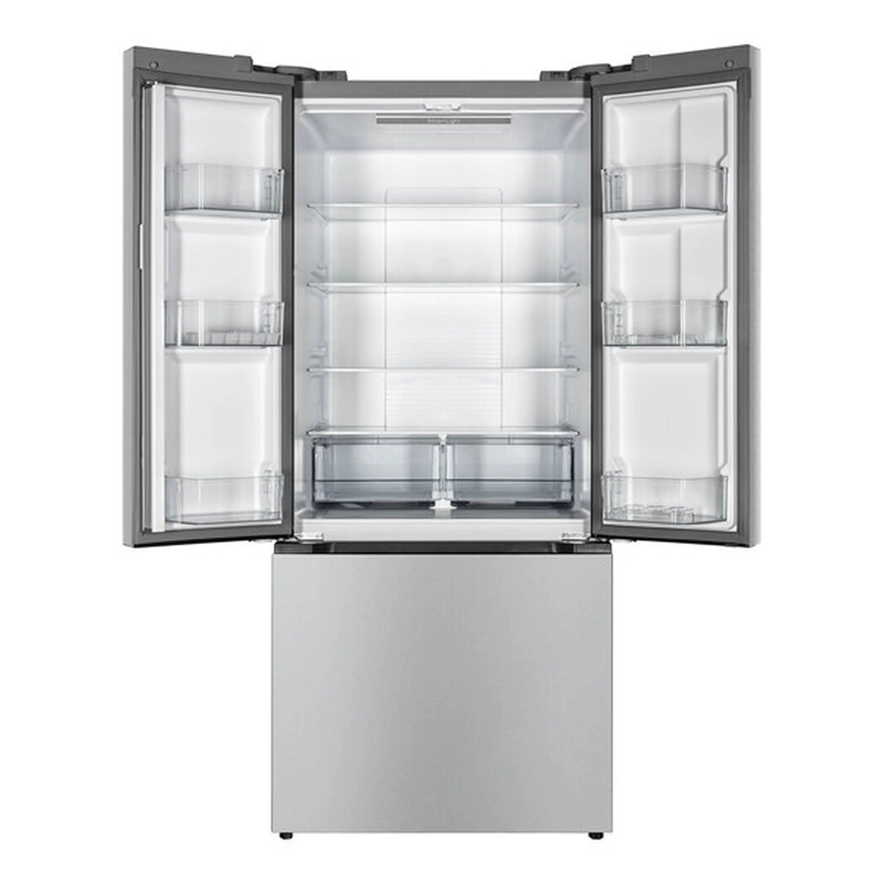 French door refrigerator interior with glass shelves and door bins, doors open