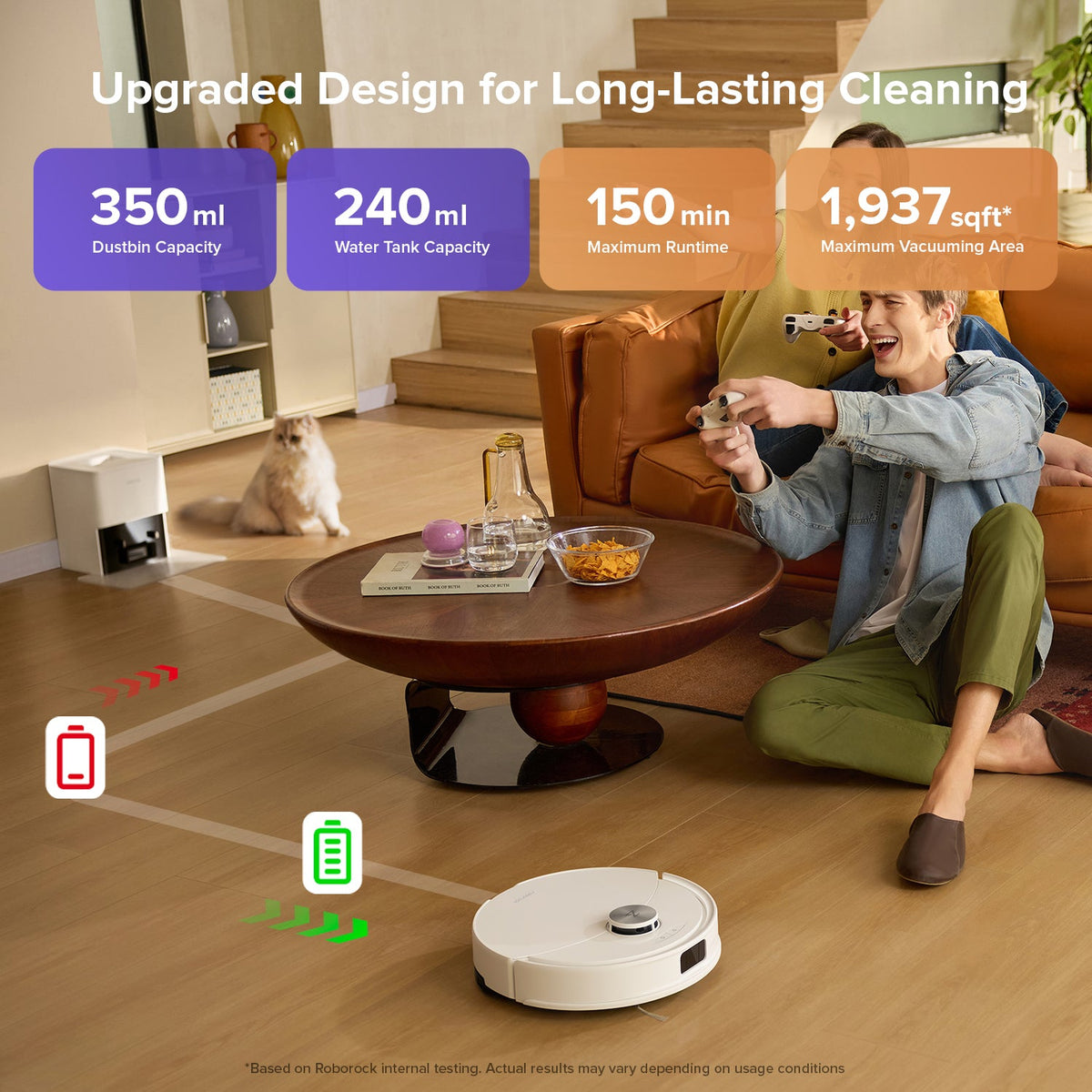 Robot vacuum and mop on hardwood floor in living room, circular top view
