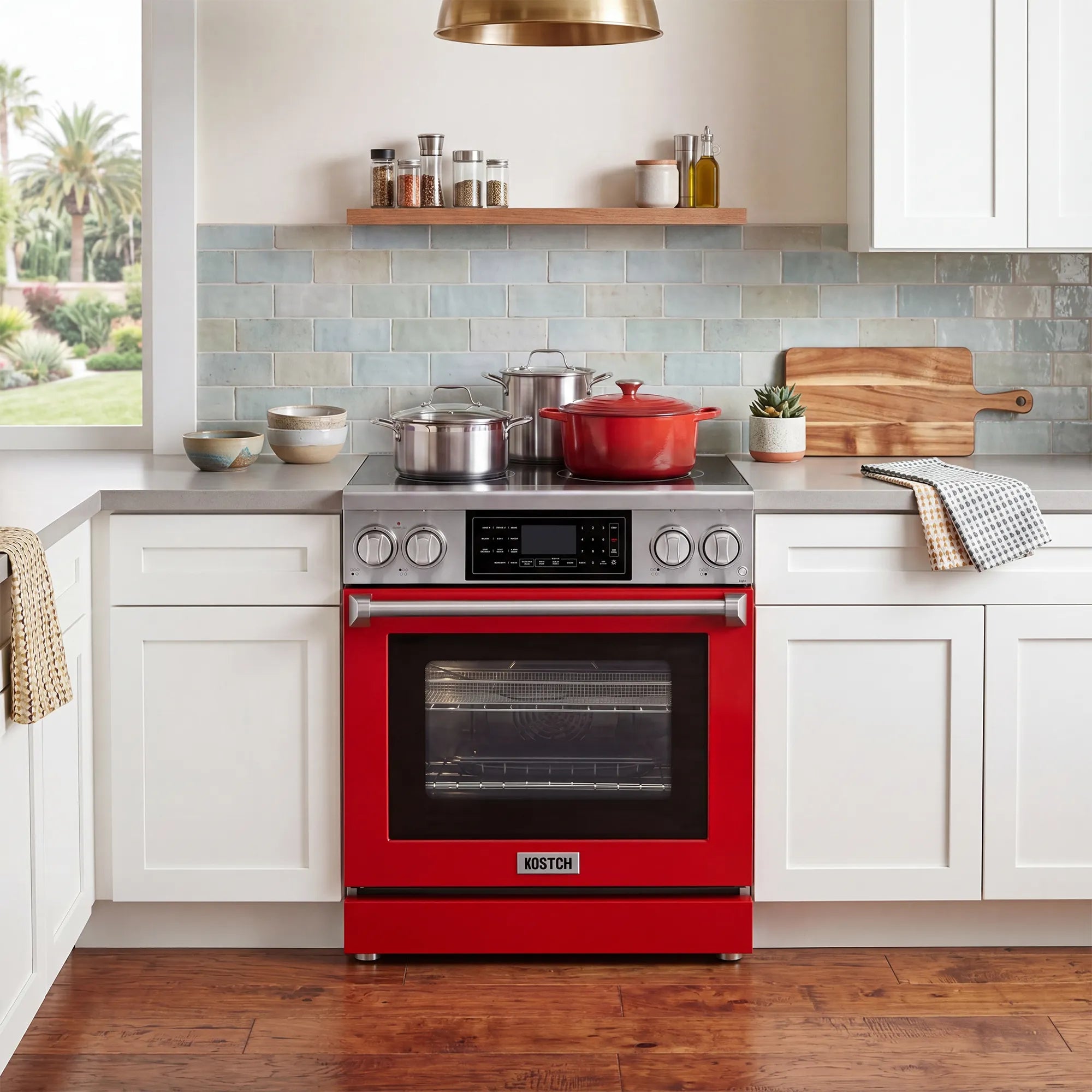Red electric range with black oven window and stainless control panel