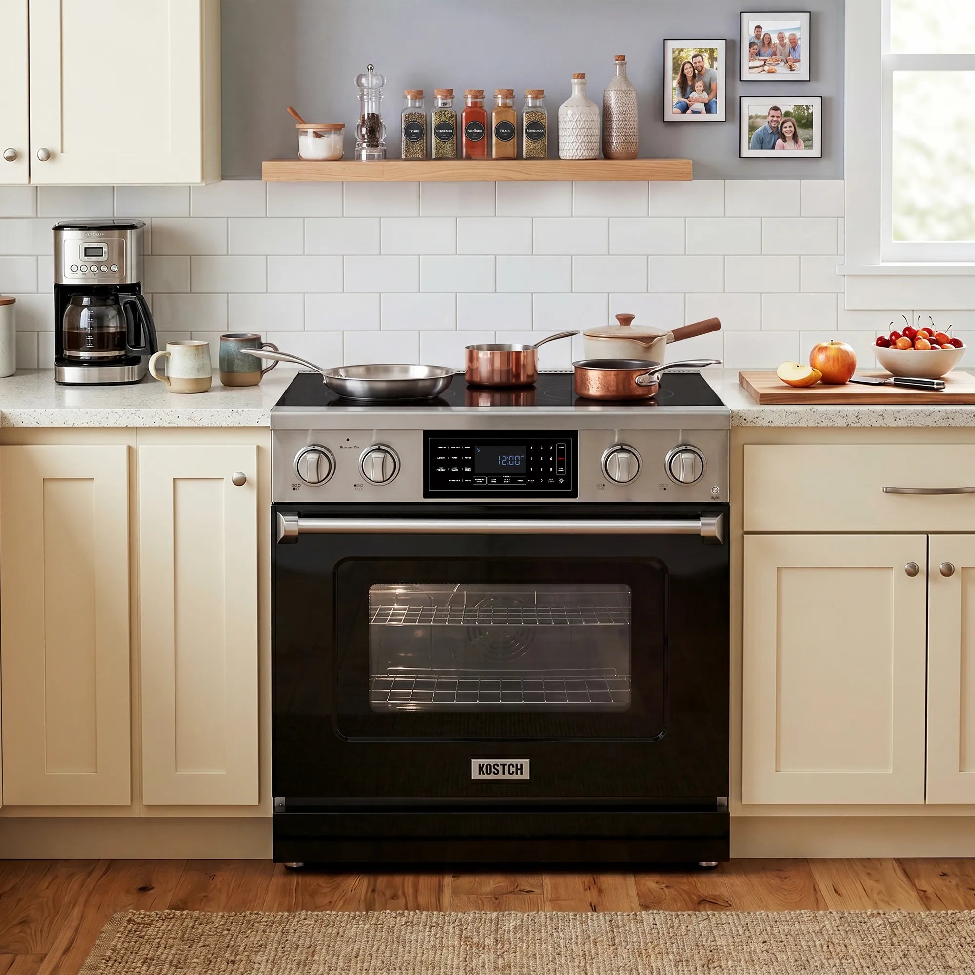 Black 36-inch electric range with glass oven door and touchscreen control panel