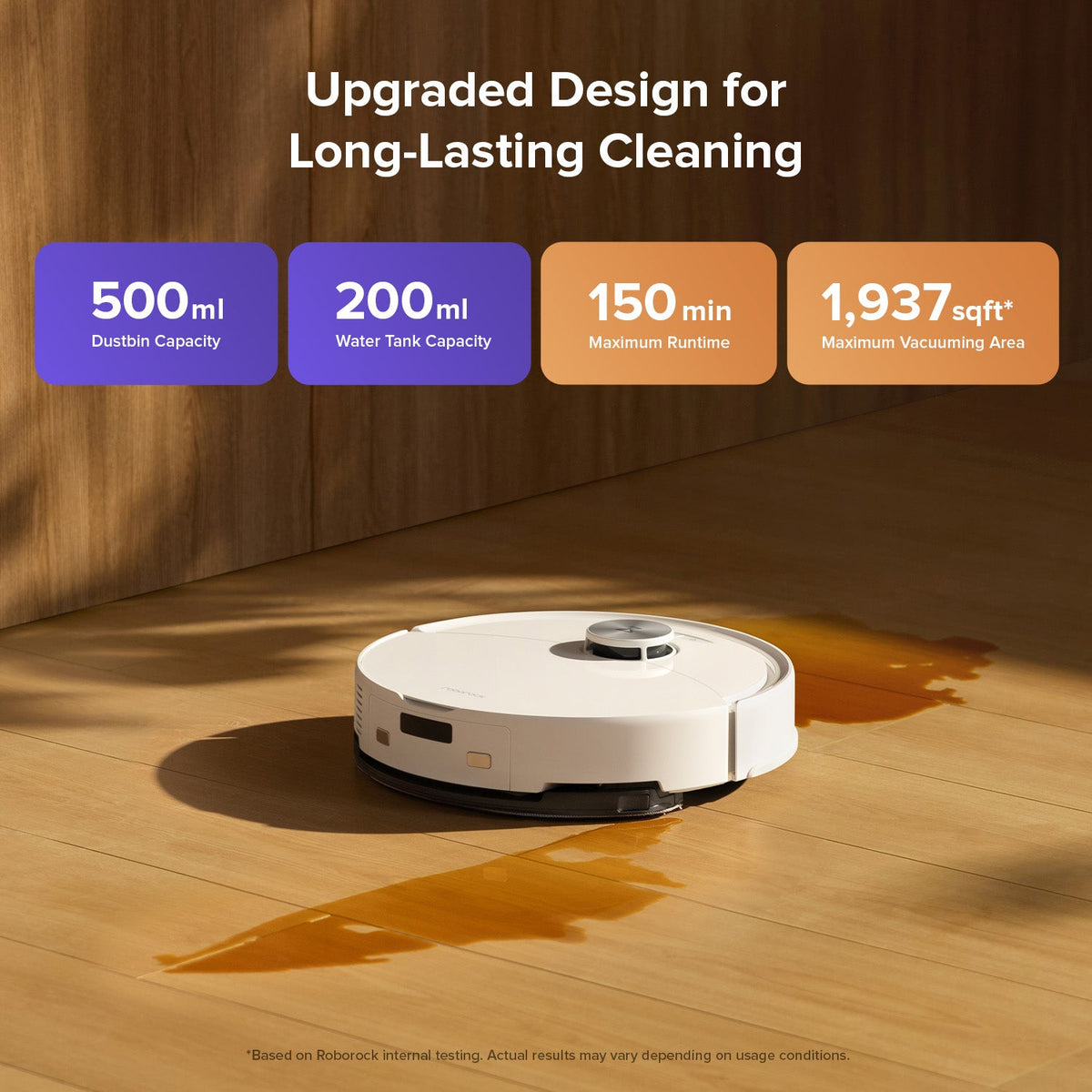 White robot vacuum and mop on wood floor with front indicators and side profile