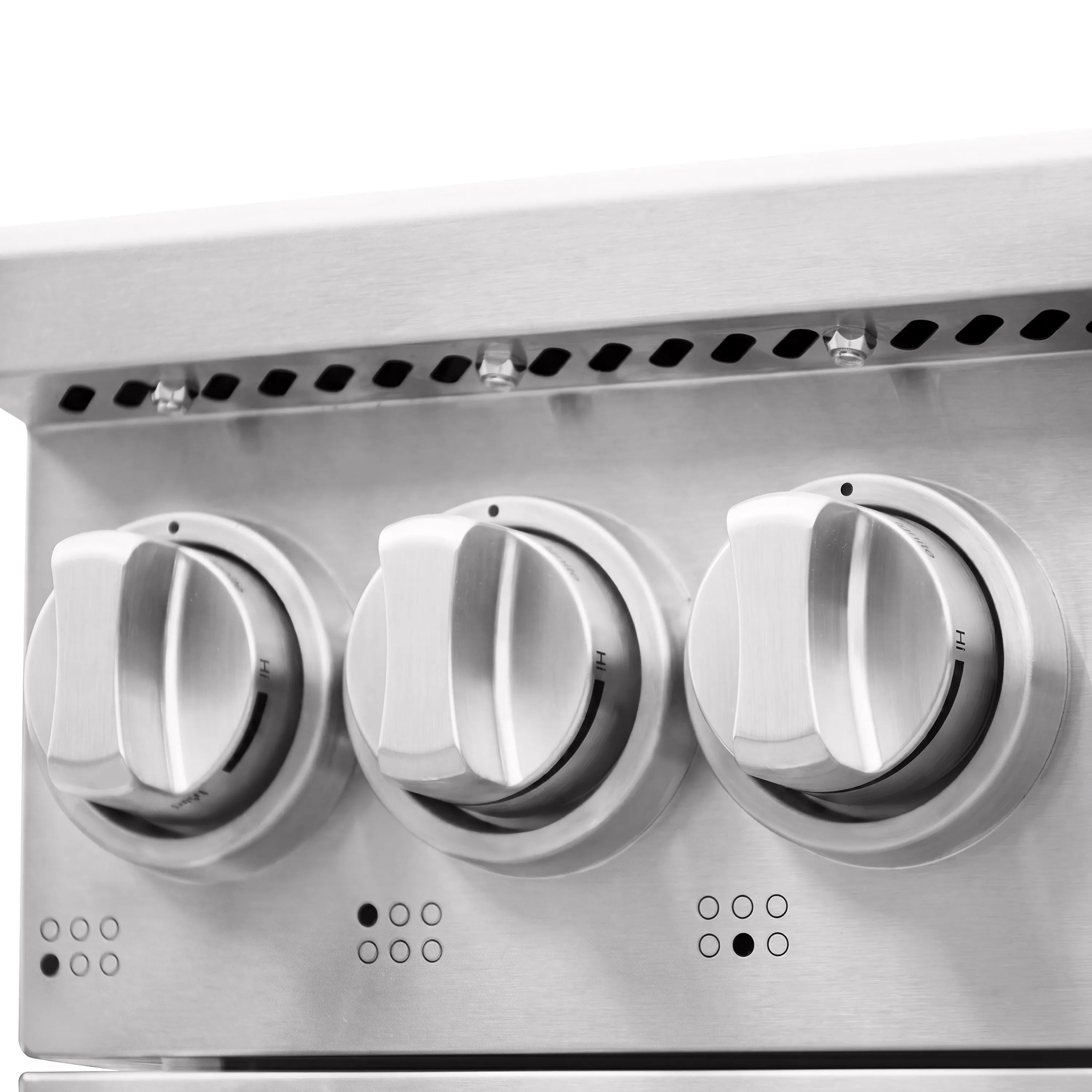 Stainless gas range front with three large control knobs and burner indicators