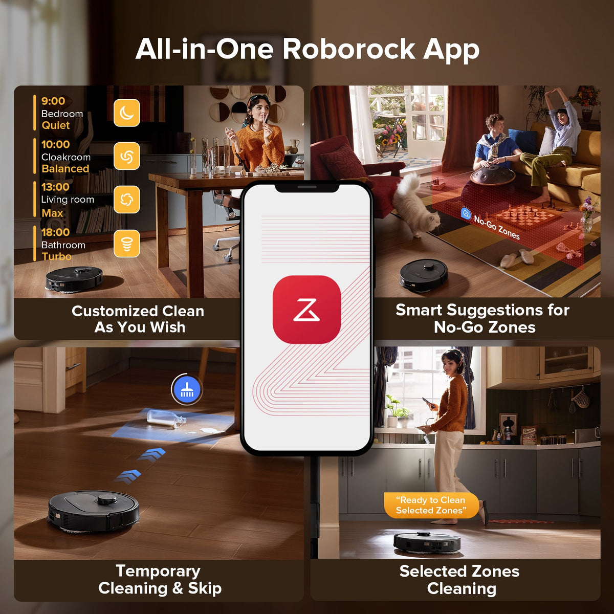 Black robot vacuum with app control shown on smartphone for scheduling and zones
