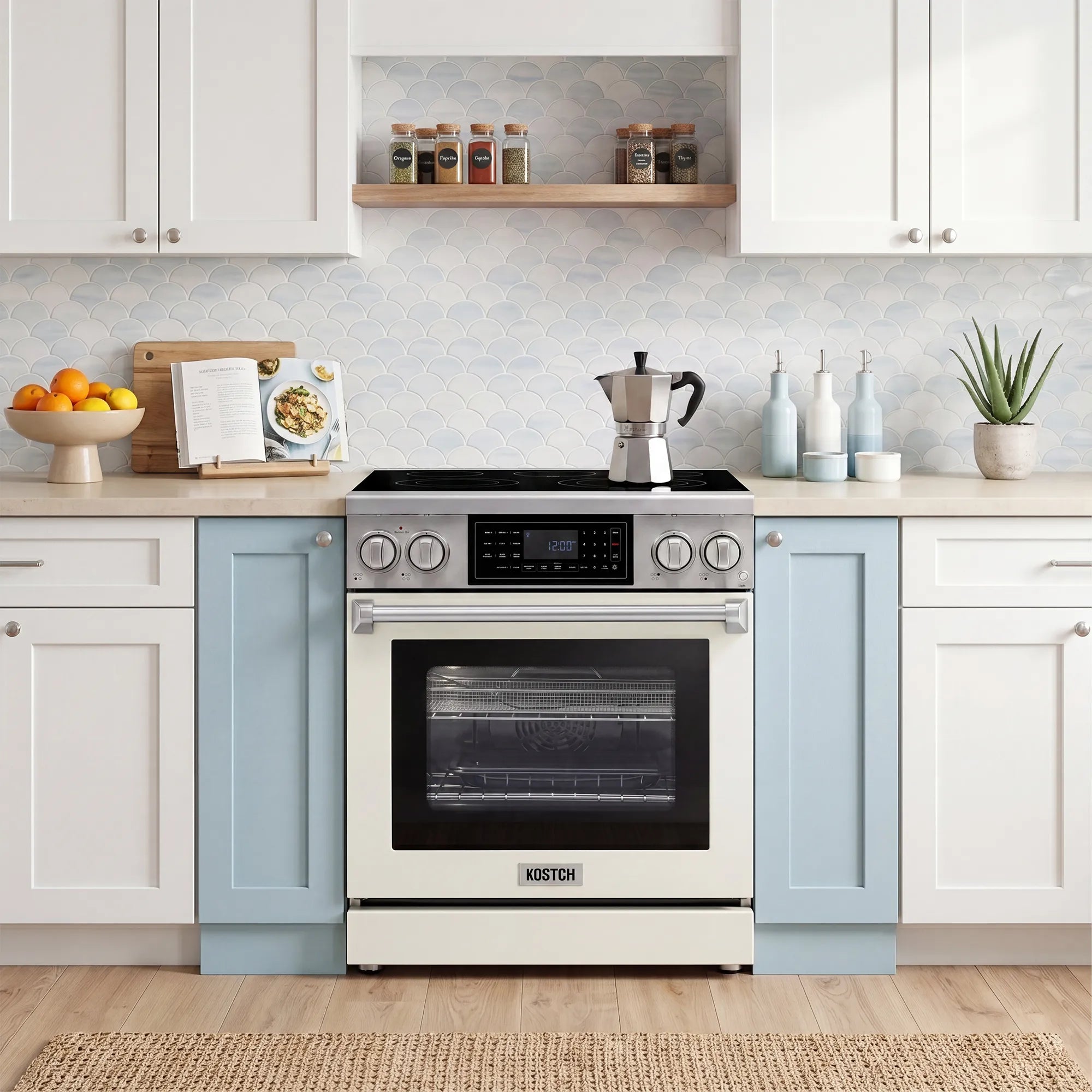 White electric range with front oven door and central control panel in a kitchen