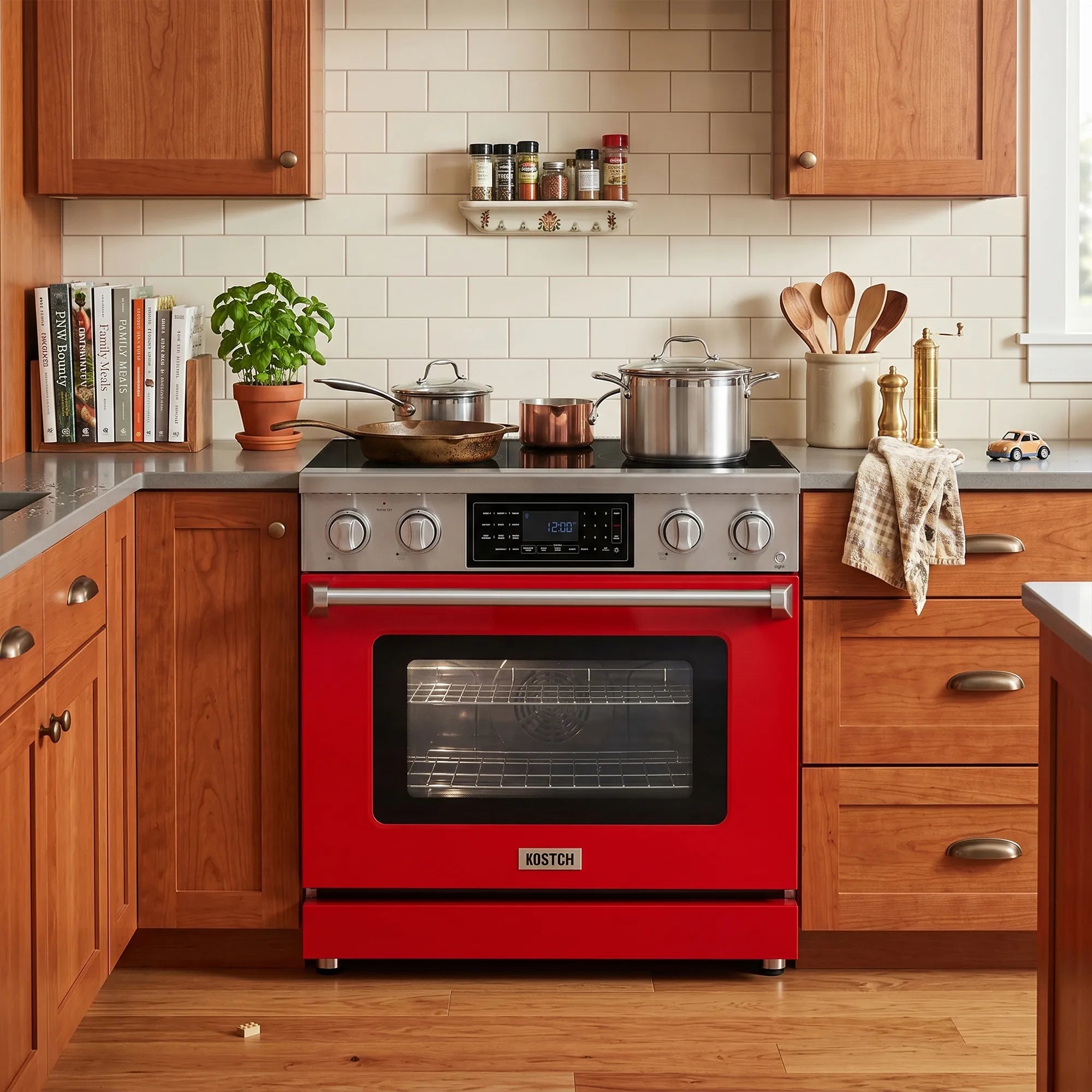 Red 36-inch electric range with oven door and stovetop controls