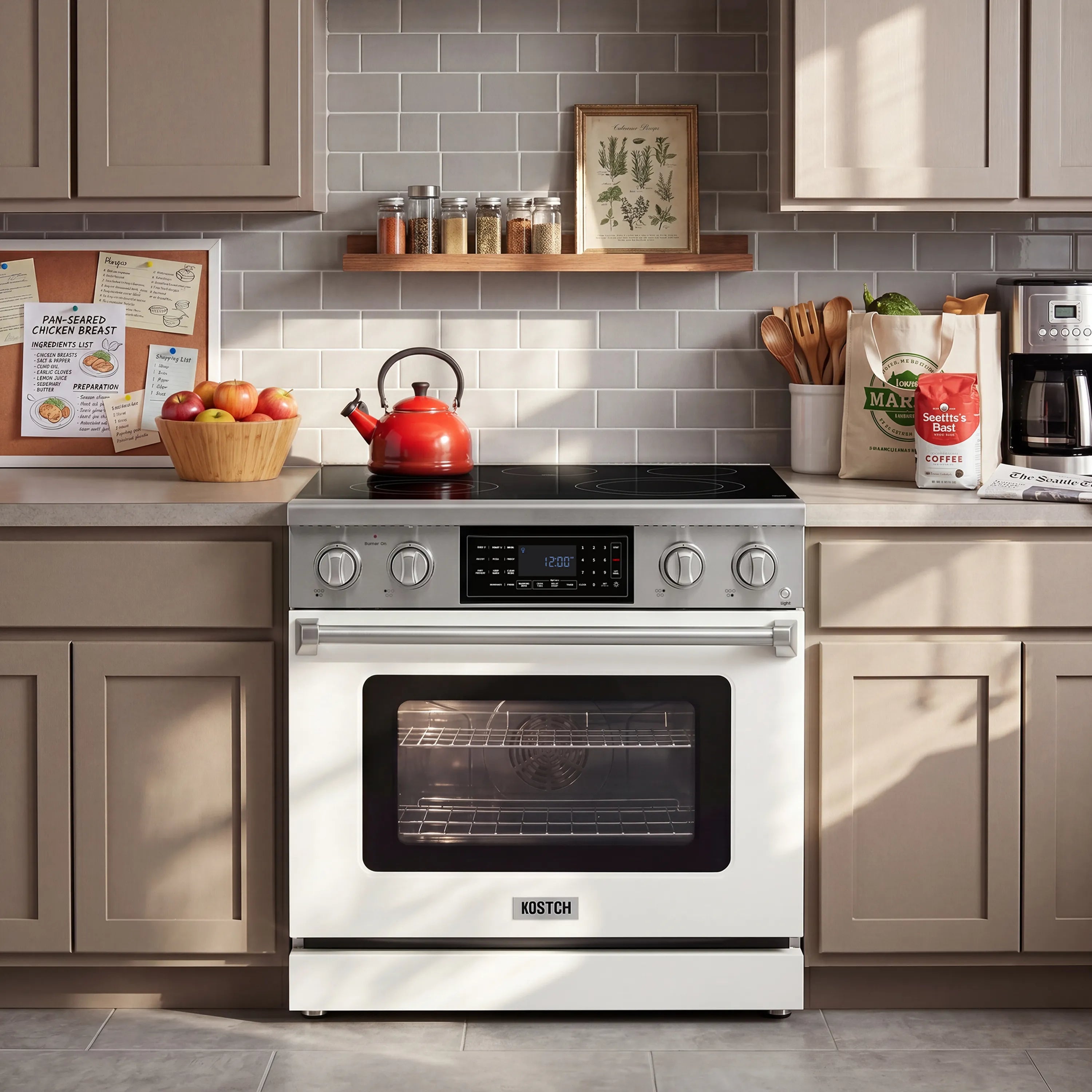 36-inch electric range with five burners, oven door and control panel, stainless steel