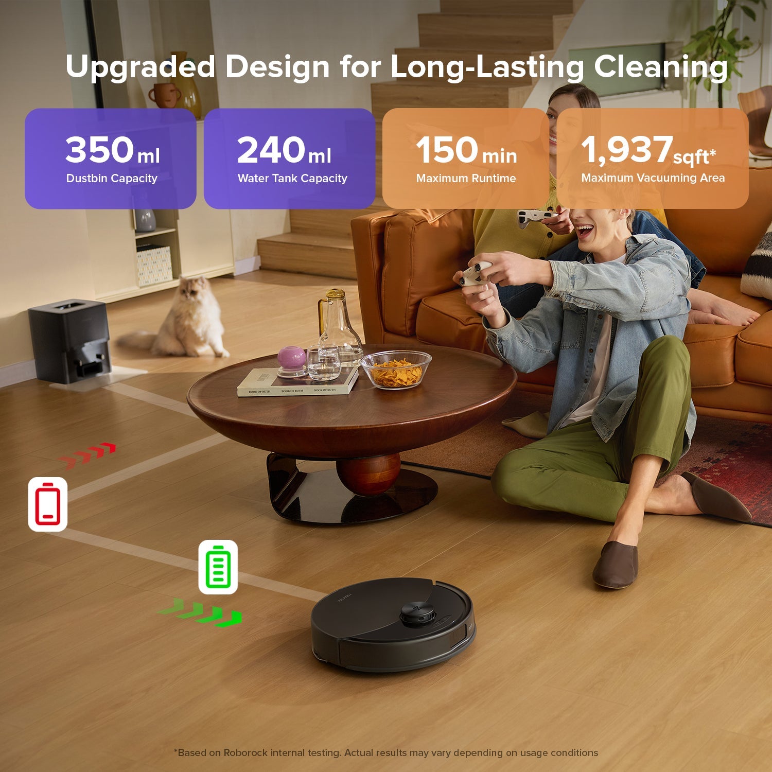 Black robot vacuum on living room floor near couch and pet, with tank capacity icons.