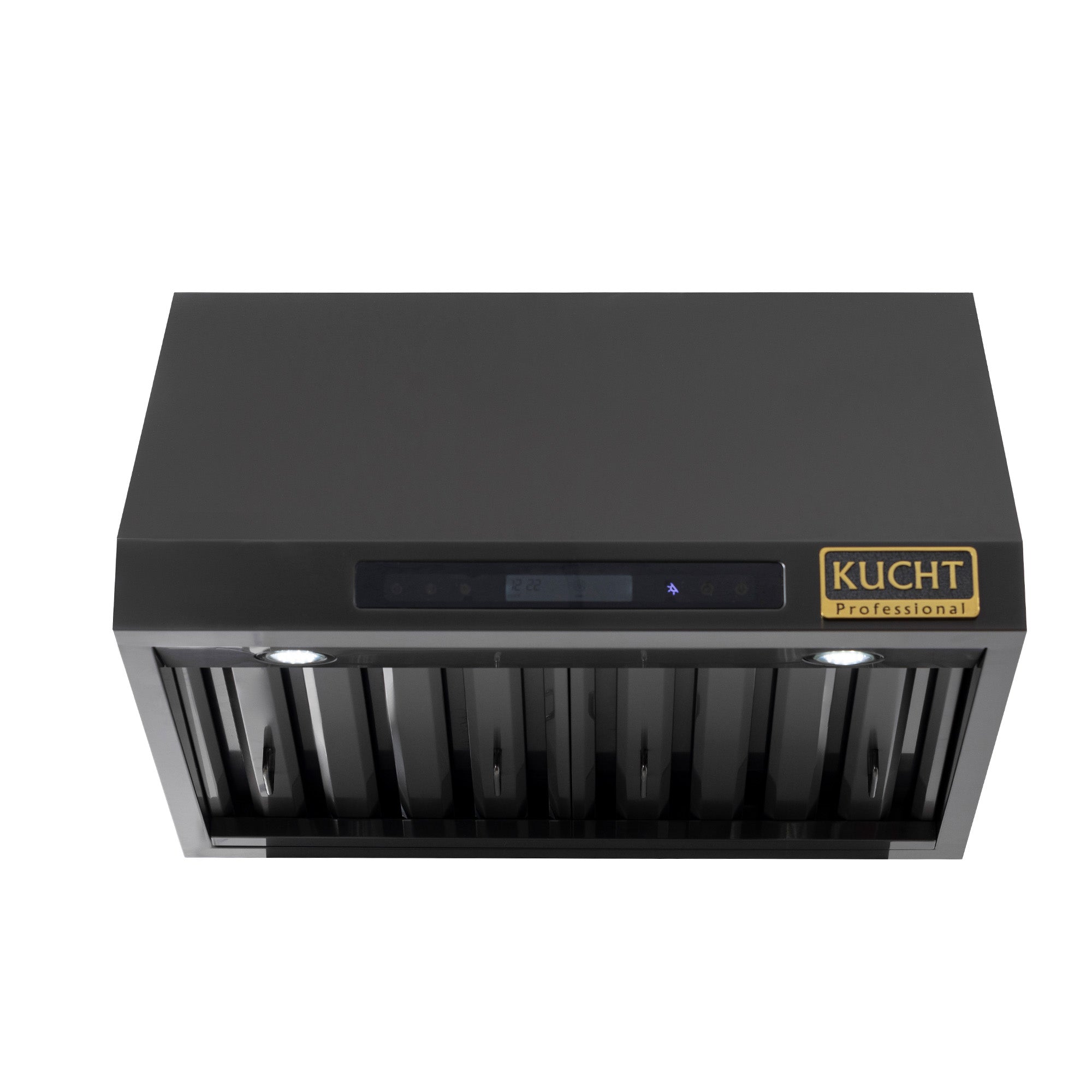Dark titanium under-cabinet range hood front view with mesh filter bay