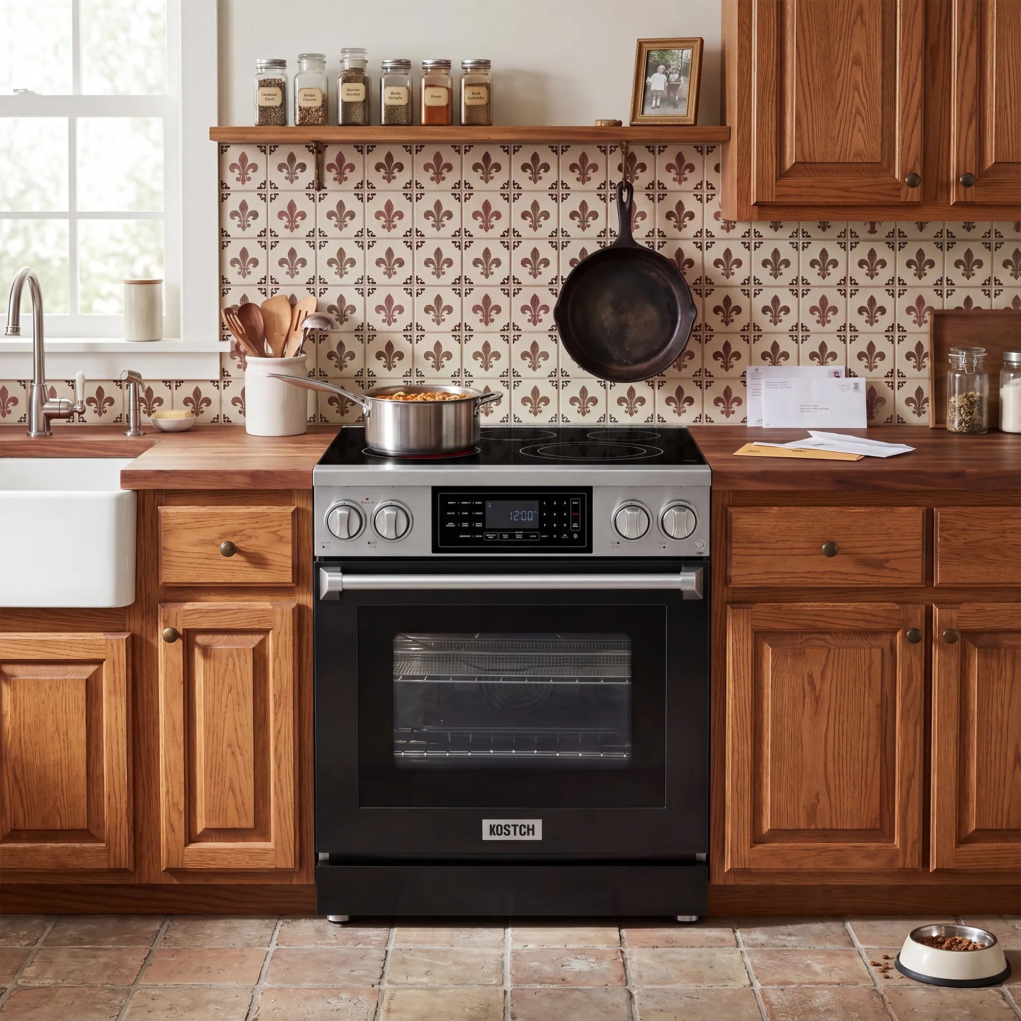 Black and stainless electric range with cooktop burners, control panel, and oven window