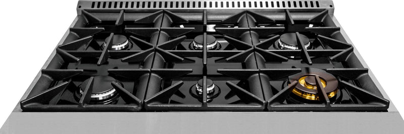 Forte 36-Inch Freestanding All Gas Range with 5 Sealed Burners in Black with Brass Trim (FGR366BBBBR)