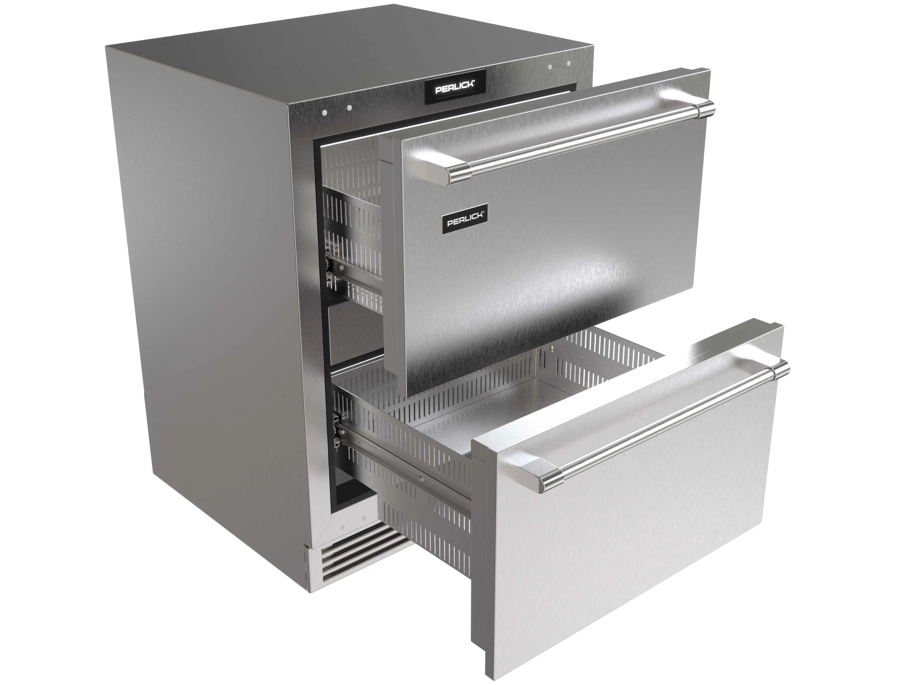 Stainless steel undercounter refrigerator drawers with two pull-out doors and interior racks