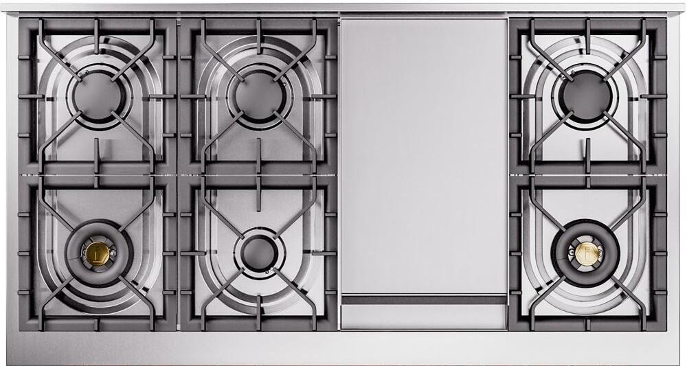 Dual fuel freestanding range cooktop with four burners, matte graphite, bronze knobs
