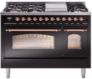 ILVE Nostalgie II 48-Inch Freestanding Natural Gas Dual Fuel Range in Glossy Black with Copper Trim (UP48FNMPBKP)