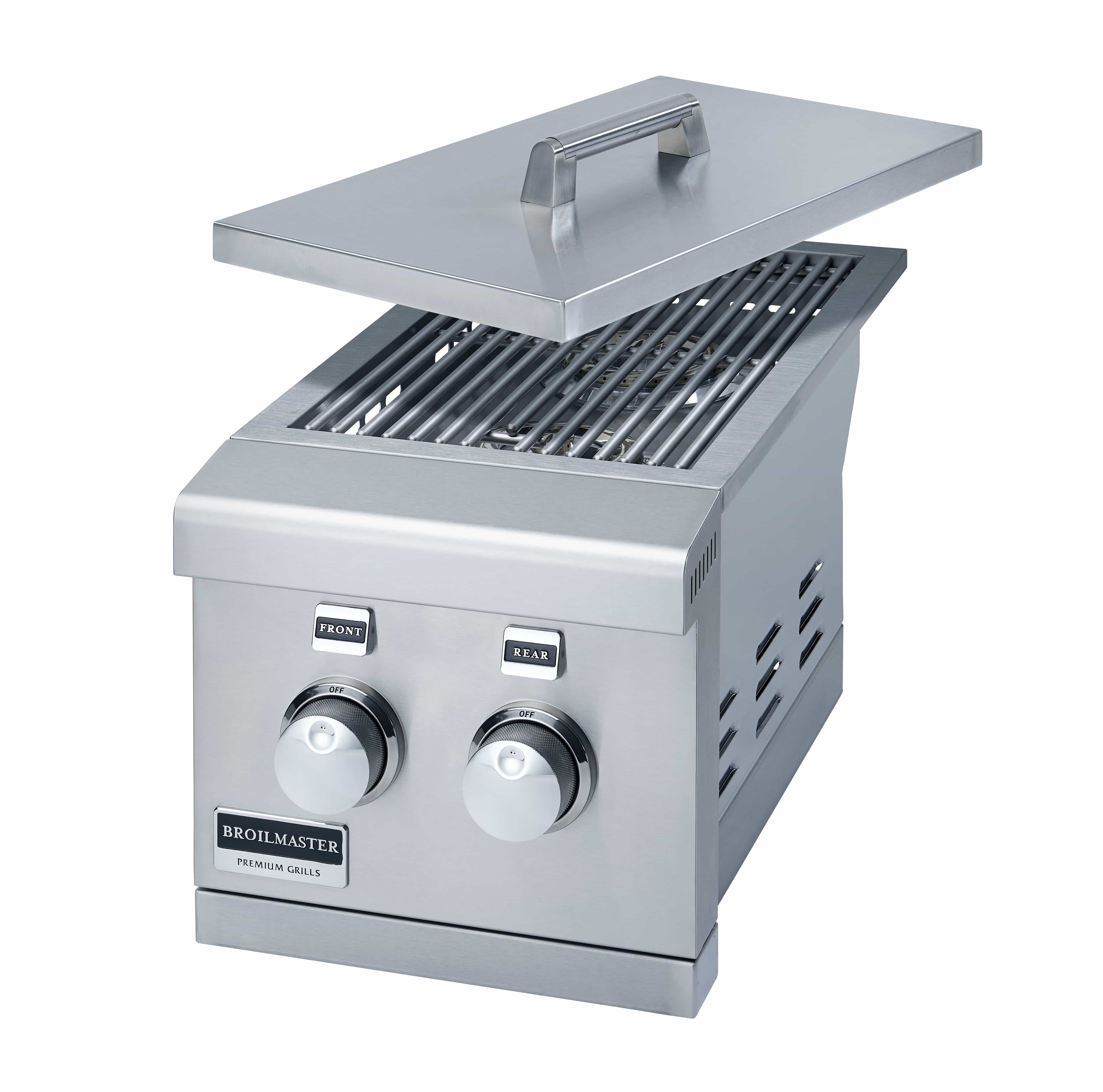 Stainless steel side burner with hinged cover and front/rear control knobs over grill grates