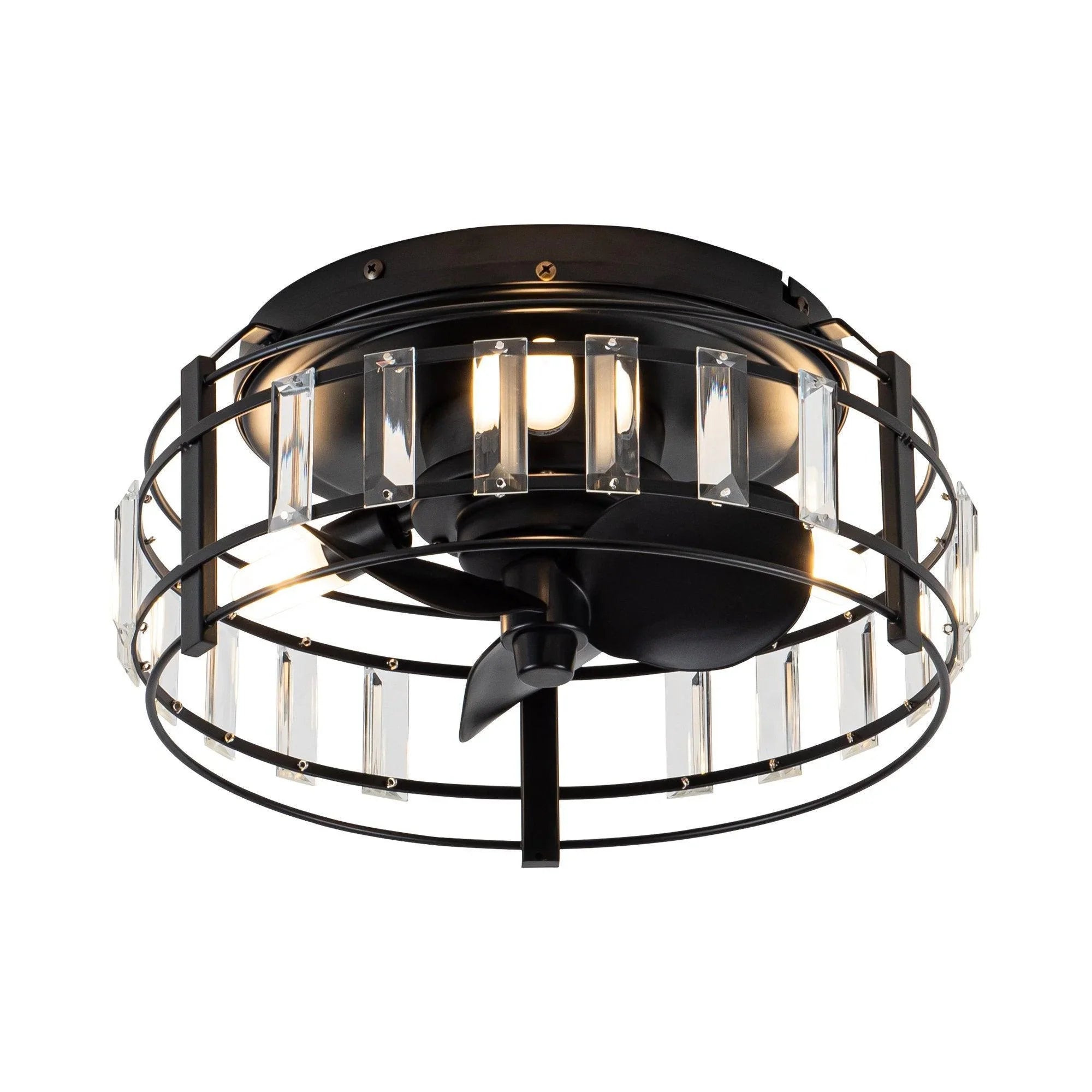 Black flush-mount ceiling fan with clear crystal drum and three light bulbs