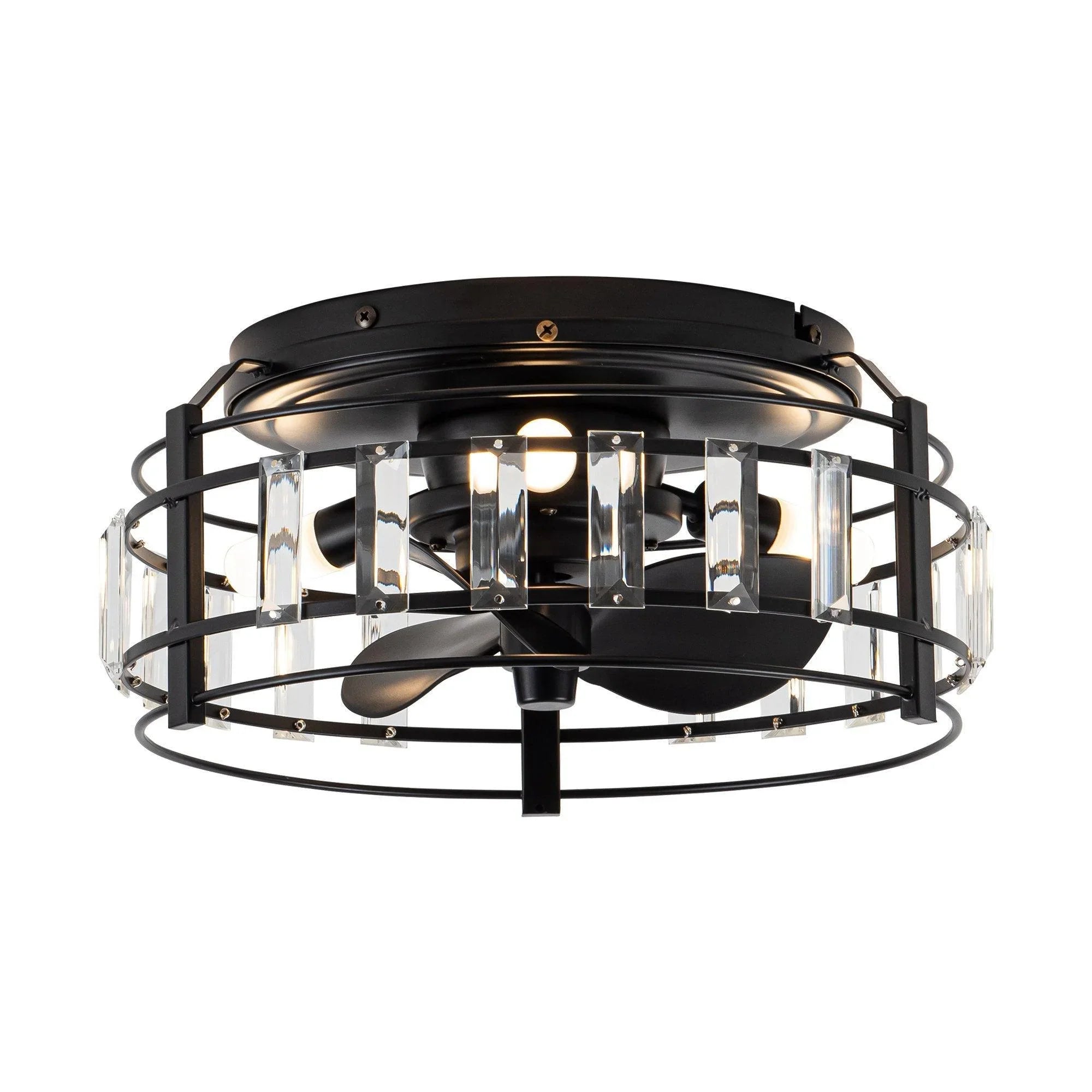Black flush mount ceiling fan with crystal glass panels and decorative cage light