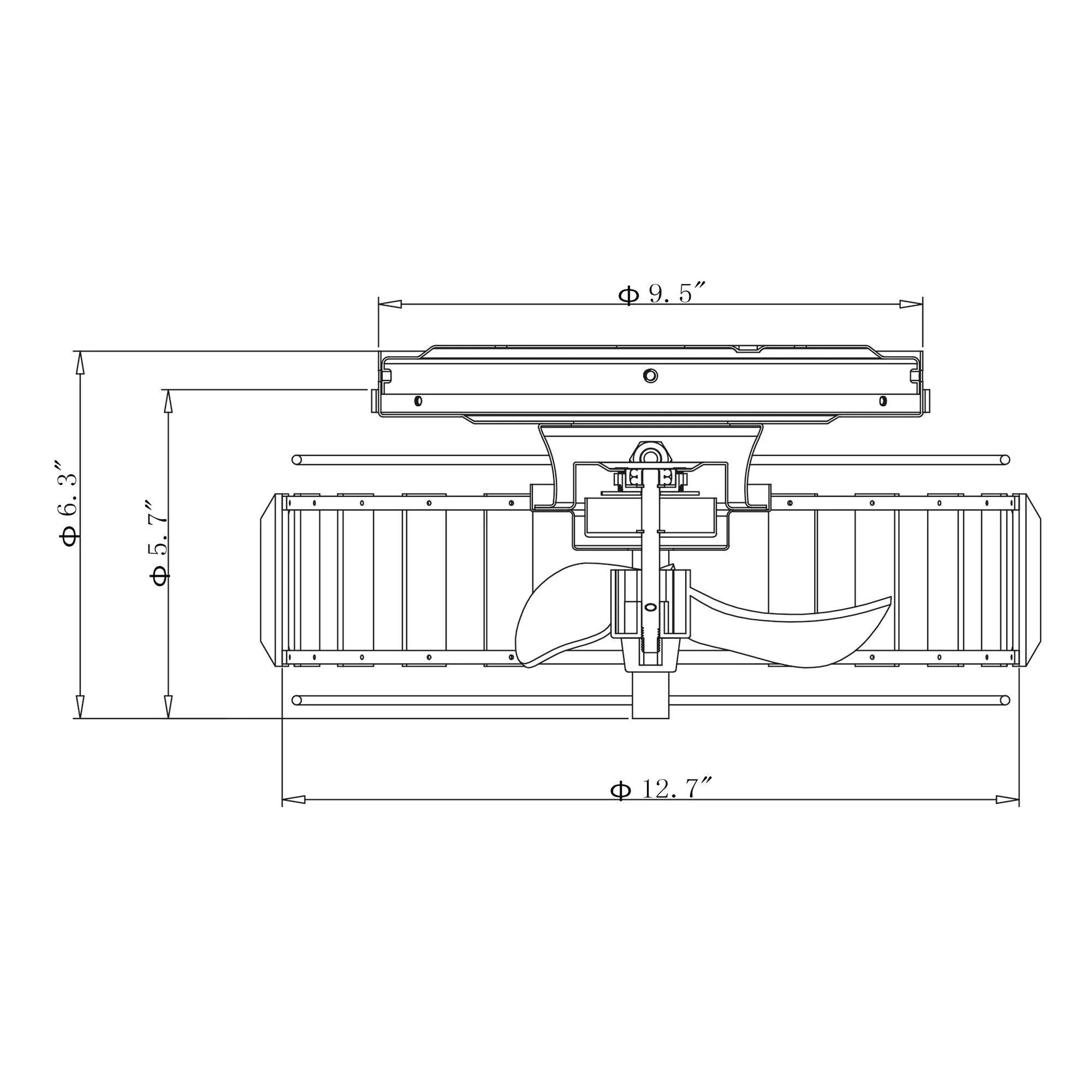 Ceiling fan diagram with dimensions 12.7 in wide and 6.3 in height (side view)