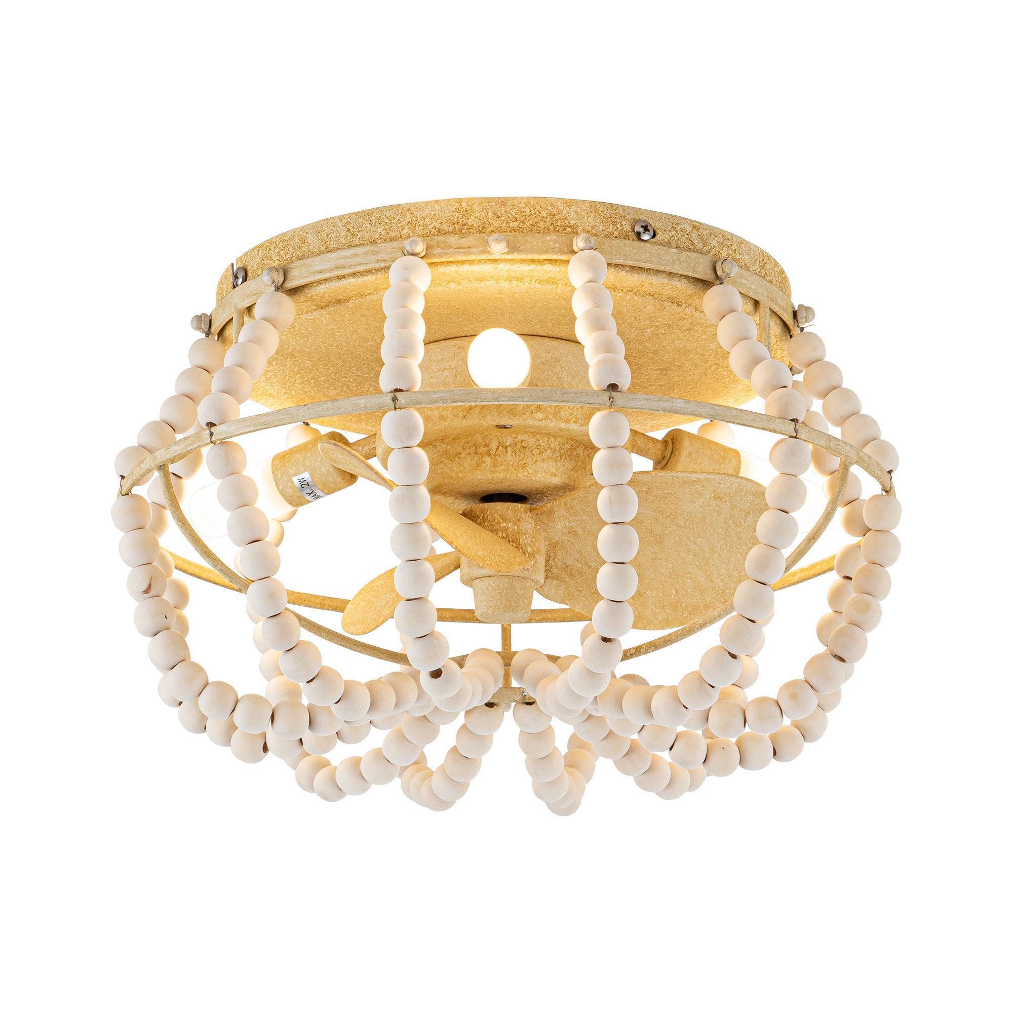 Beige flush-mount ceiling fan with light and beaded trim in centered round housing