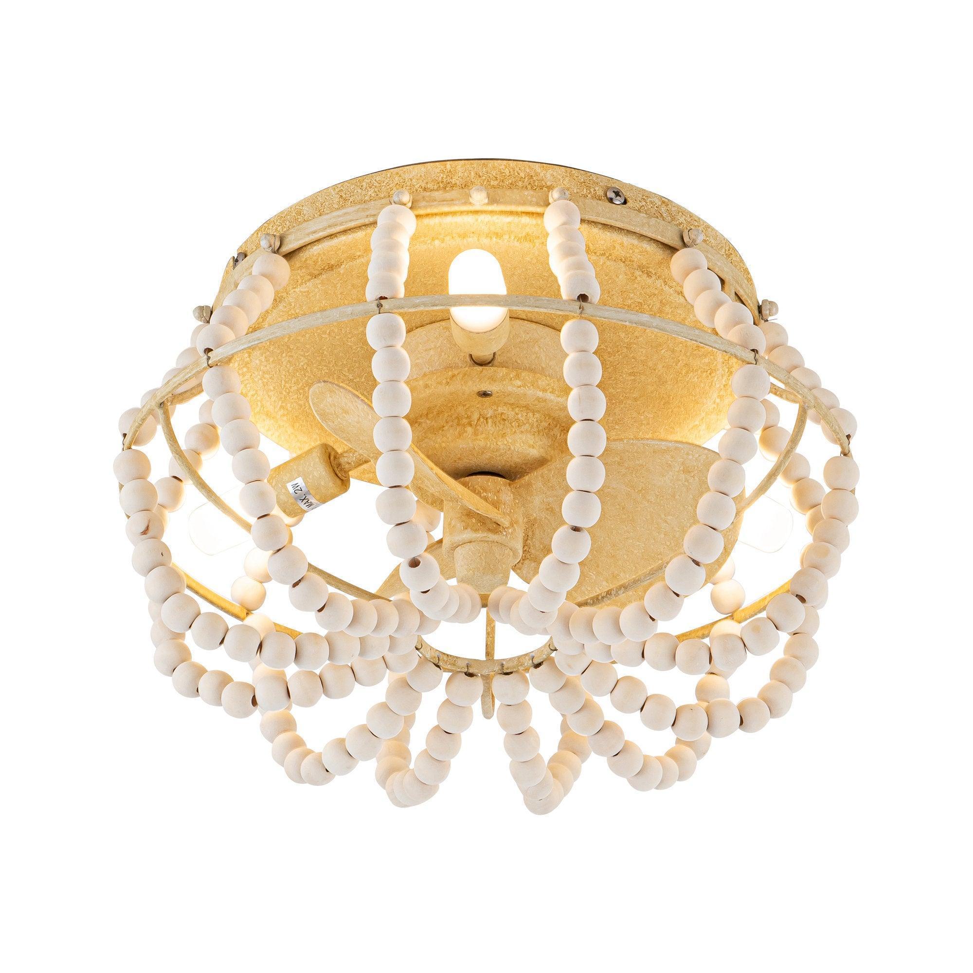 Beige farmhouse flush mount ceiling fan with globe light and beaded cord accents