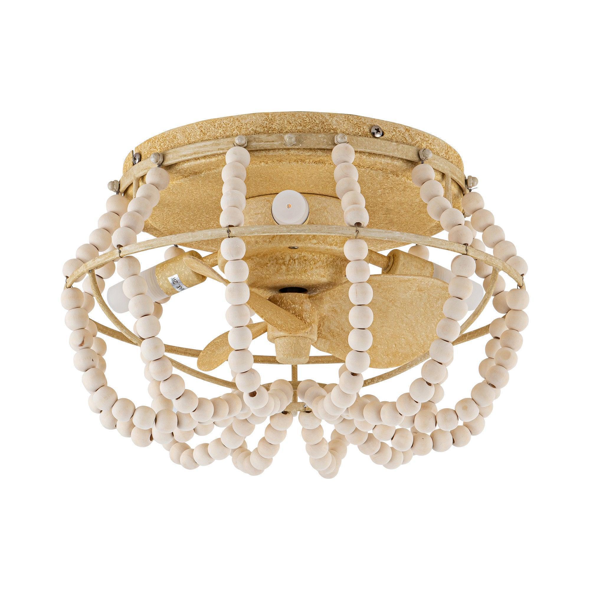 Beige flush-mount ceiling fan light with circular beaded frame and centered bulb