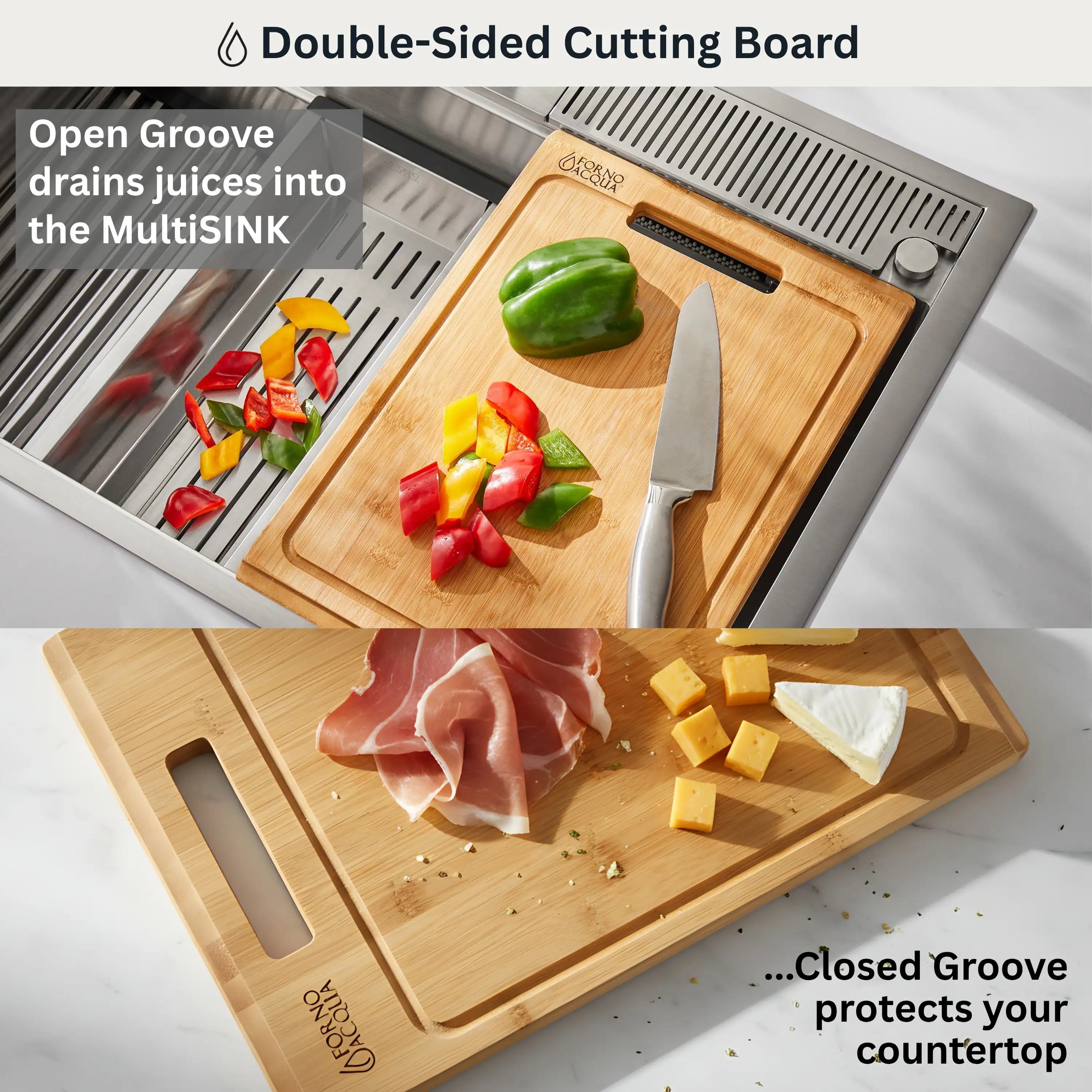 Stainless steel workstation sink with built-in cutting board insert and draining grooves
