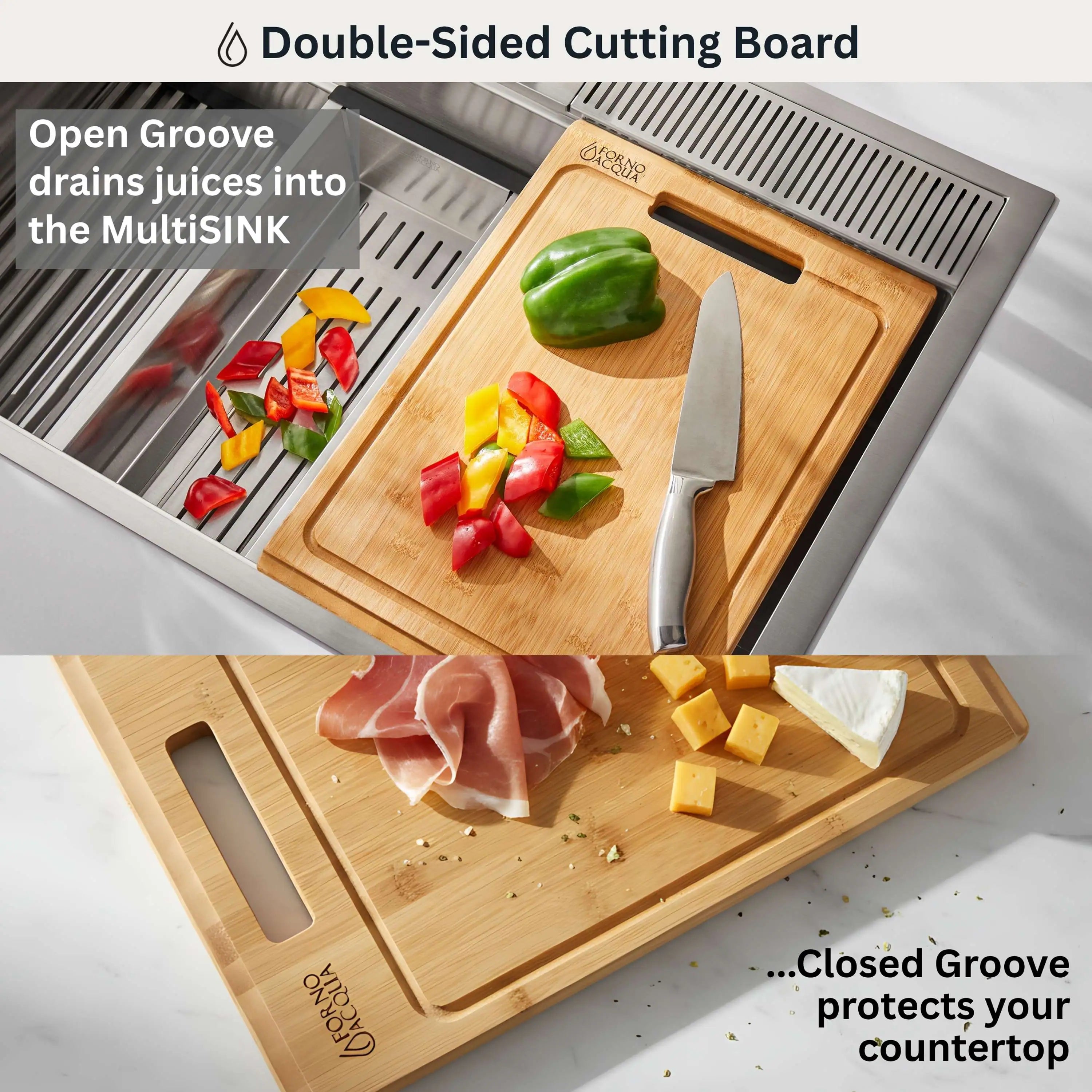 Stainless steel sink with dual-sided bamboo cutting board insert and drain grooves