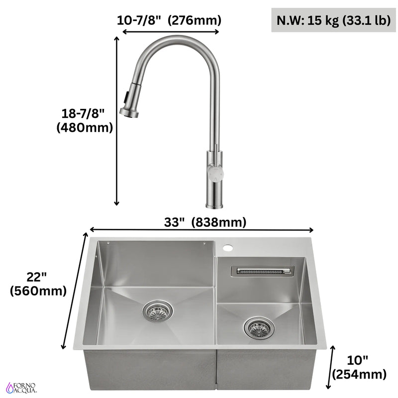 Forno Acqua 33-Inch Drop-In/Undermount 40/60 Double Bowl Sink with Retractable Faucet & Waterfall (H-ZN30)