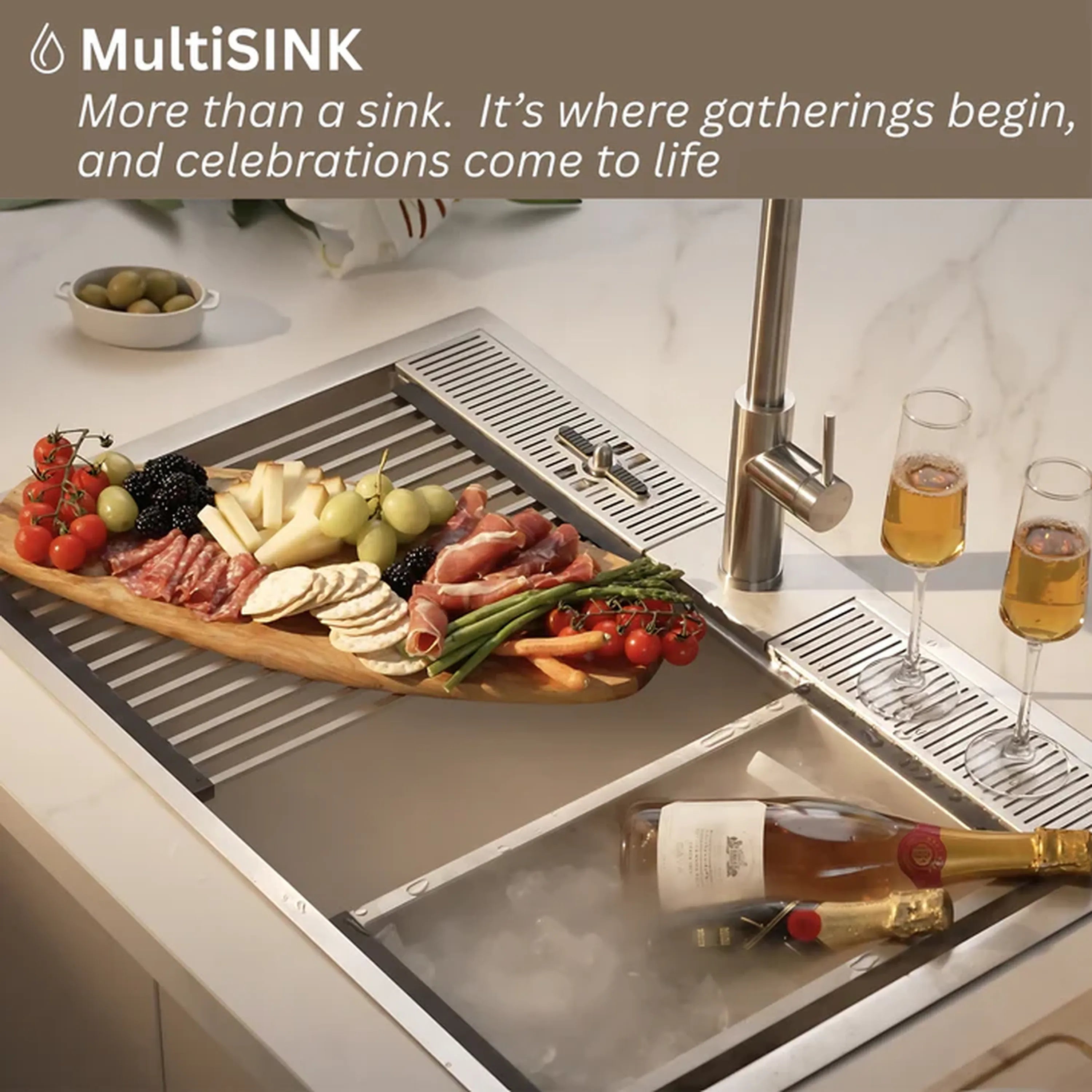 Stainless steel workstation sink with faucet and 3-level prep racks for serving