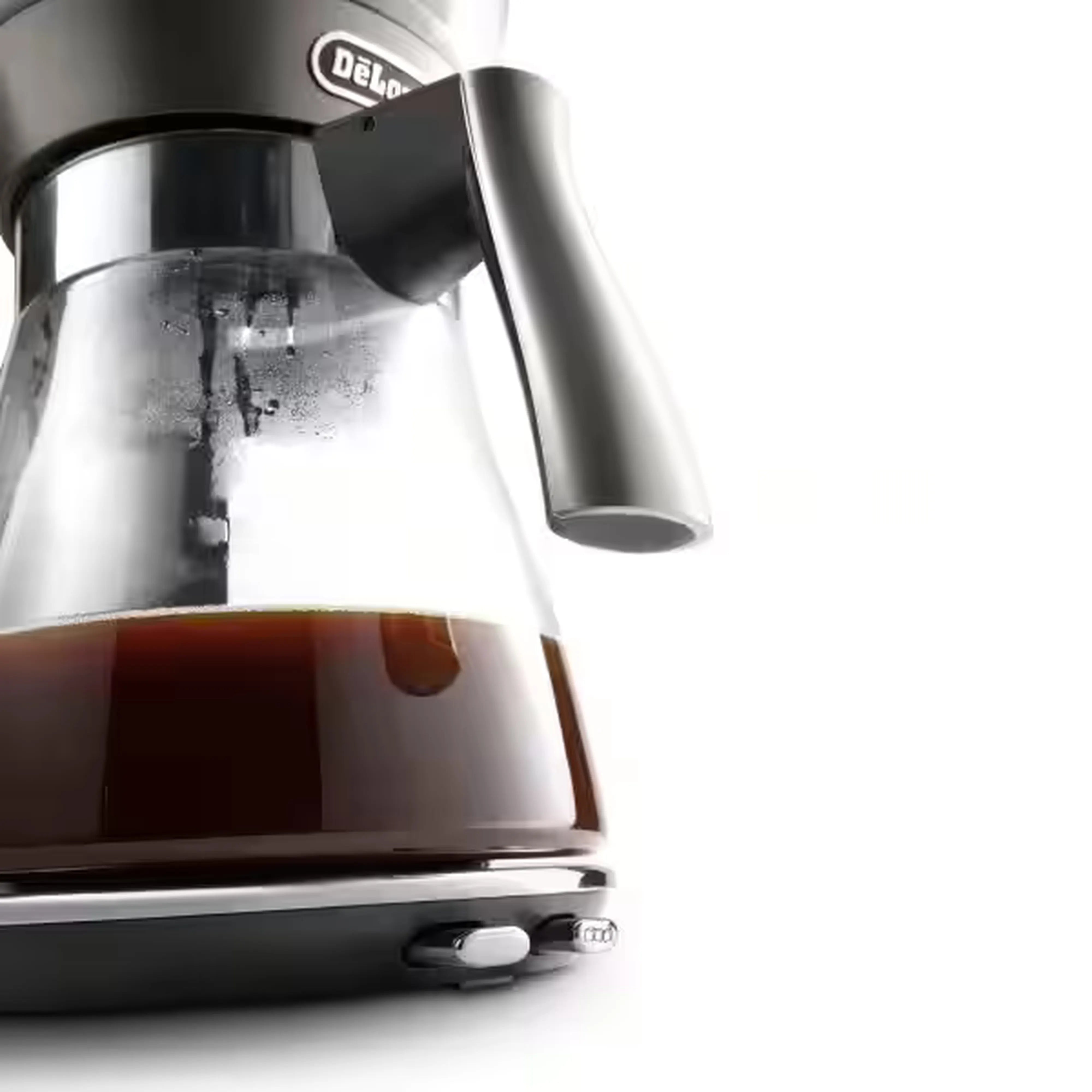 Stainless steel 3-in-1 coffee brewer with black drip tray and spout